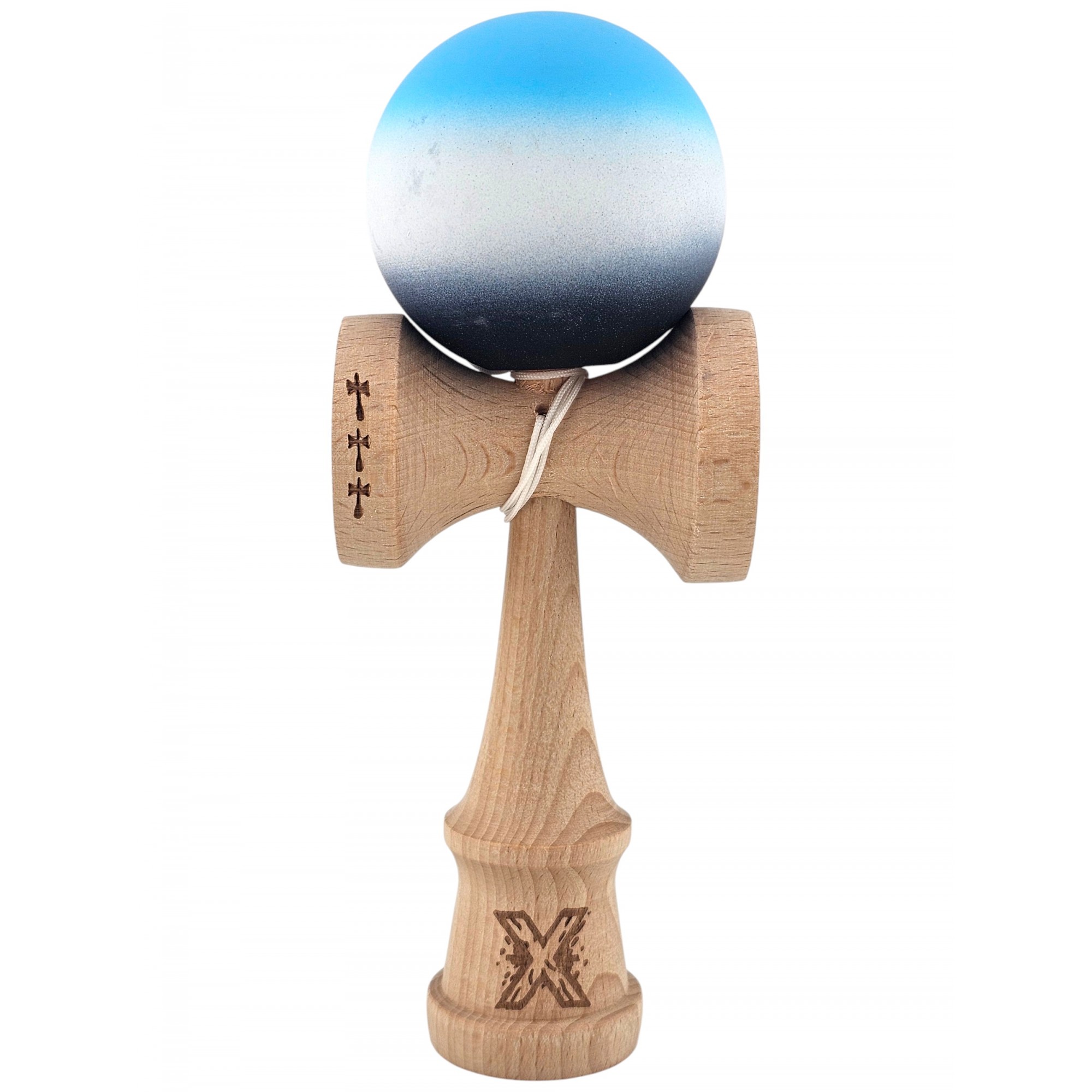Kendama X Originala, Profesionala, Flippy, din Lemn, Big Cups, Rubber Grip, 18 cm, Albastru/Alb/Violet Kendama X Originala, Profesionala, Flippy, din Lemn, Big Cups, Rubber Grip, 18 cm, Albastru/Alb/Violet
