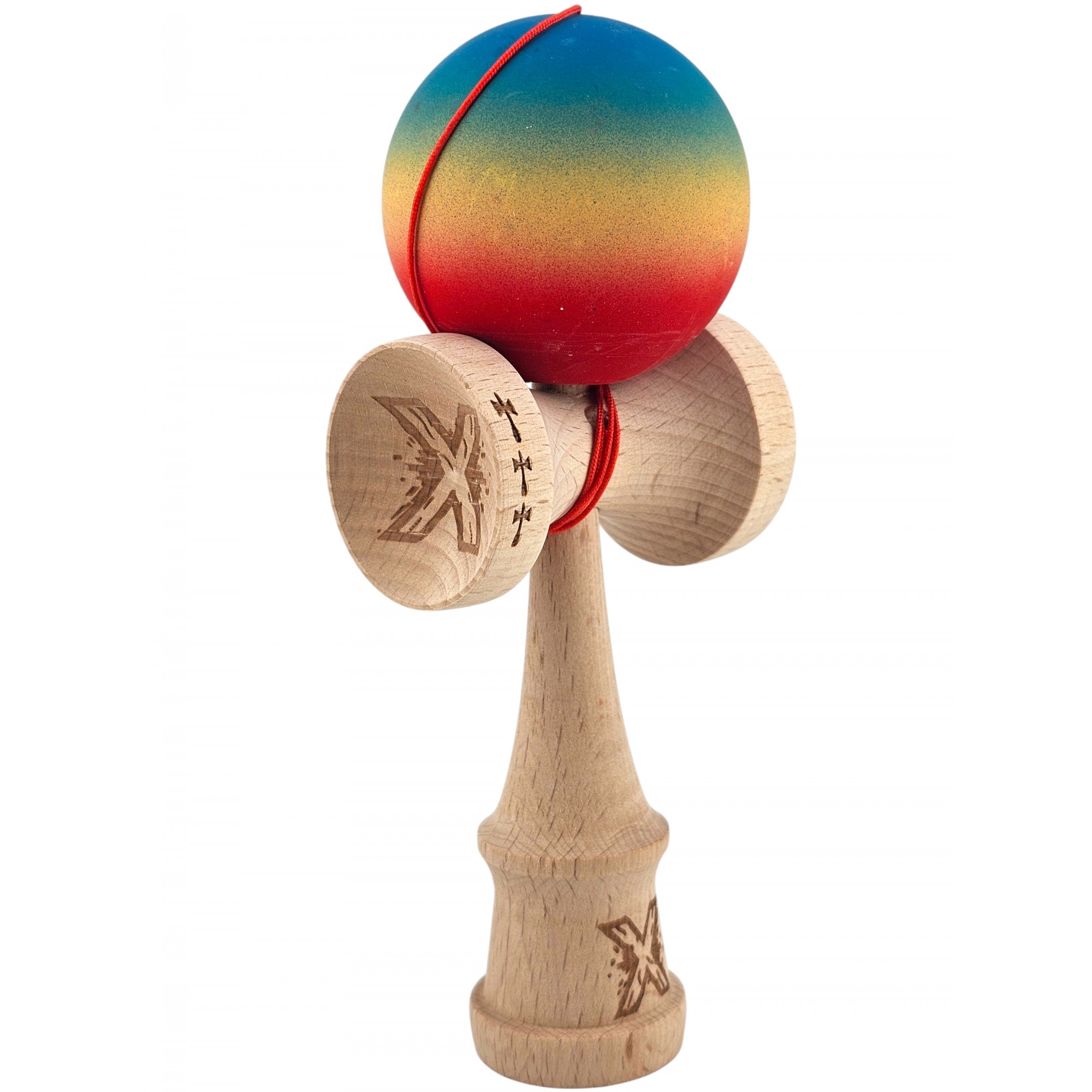 Kendama X Originala, Profesionala, Flippy, din Lemn, Big Cups, Rubber Grip, 18 cm, Gradient Albastru/Galben/Rosu Kendama X Originala, Profesionala, Flippy, din Lemn, Big Cups, Rubber Grip, 18 cm, Gradient Albastru/Galben/Rosu