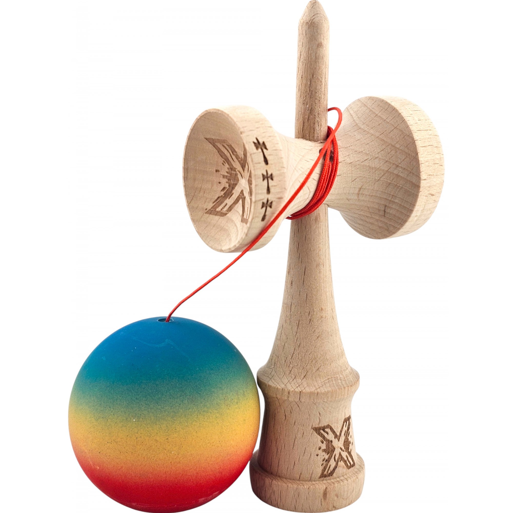 Kendama X Originala, Profesionala, Flippy, din Lemn, Big Cups, Rubber Grip, 18 cm, Gradient Albastru/Galben/Rosu Kendama X Originala, Profesionala, Flippy, din Lemn, Big Cups, Rubber Grip, 18 cm, Gradient Albastru/Galben/Rosu