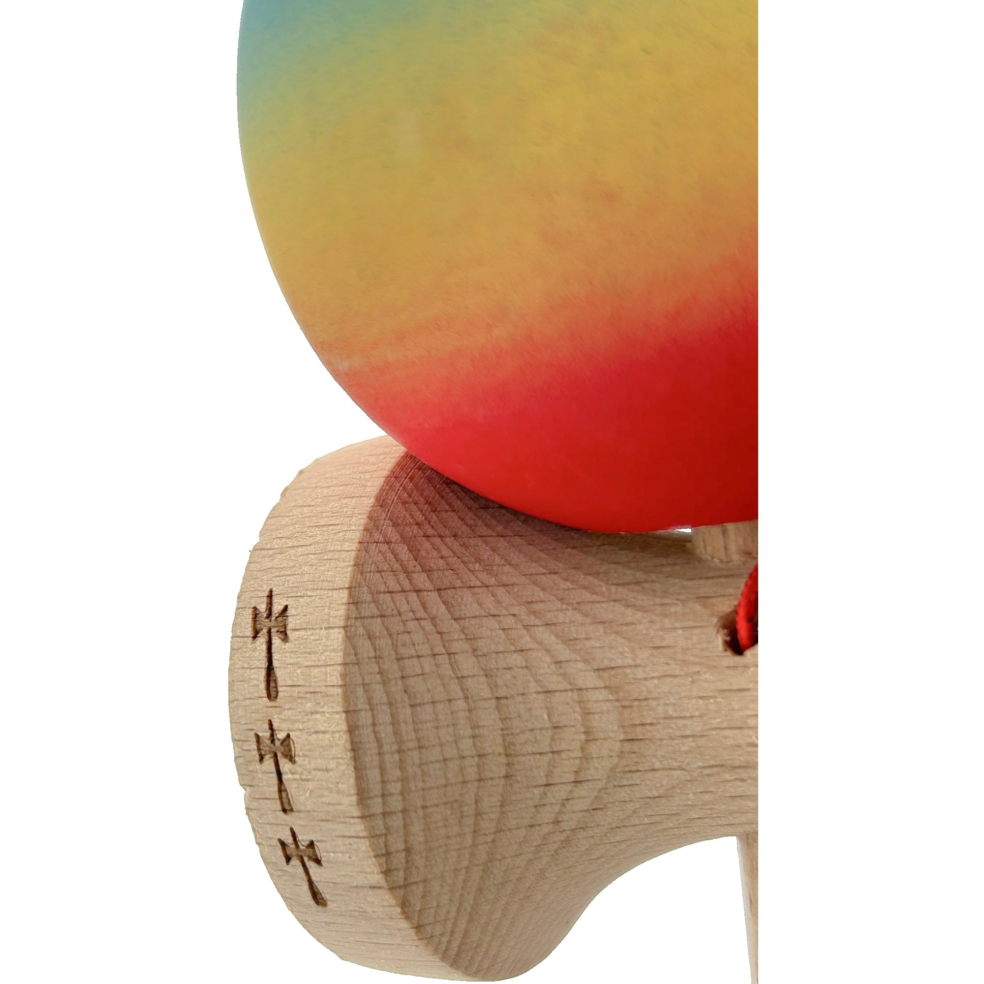 Kendama X Originala, Profesionala, Flippy, Big Cups V2, Rubber Grip cu Cupe Mari, Rulment Metalic cu Ata 55 cm, Gradient Albastru/Galben/Rosu