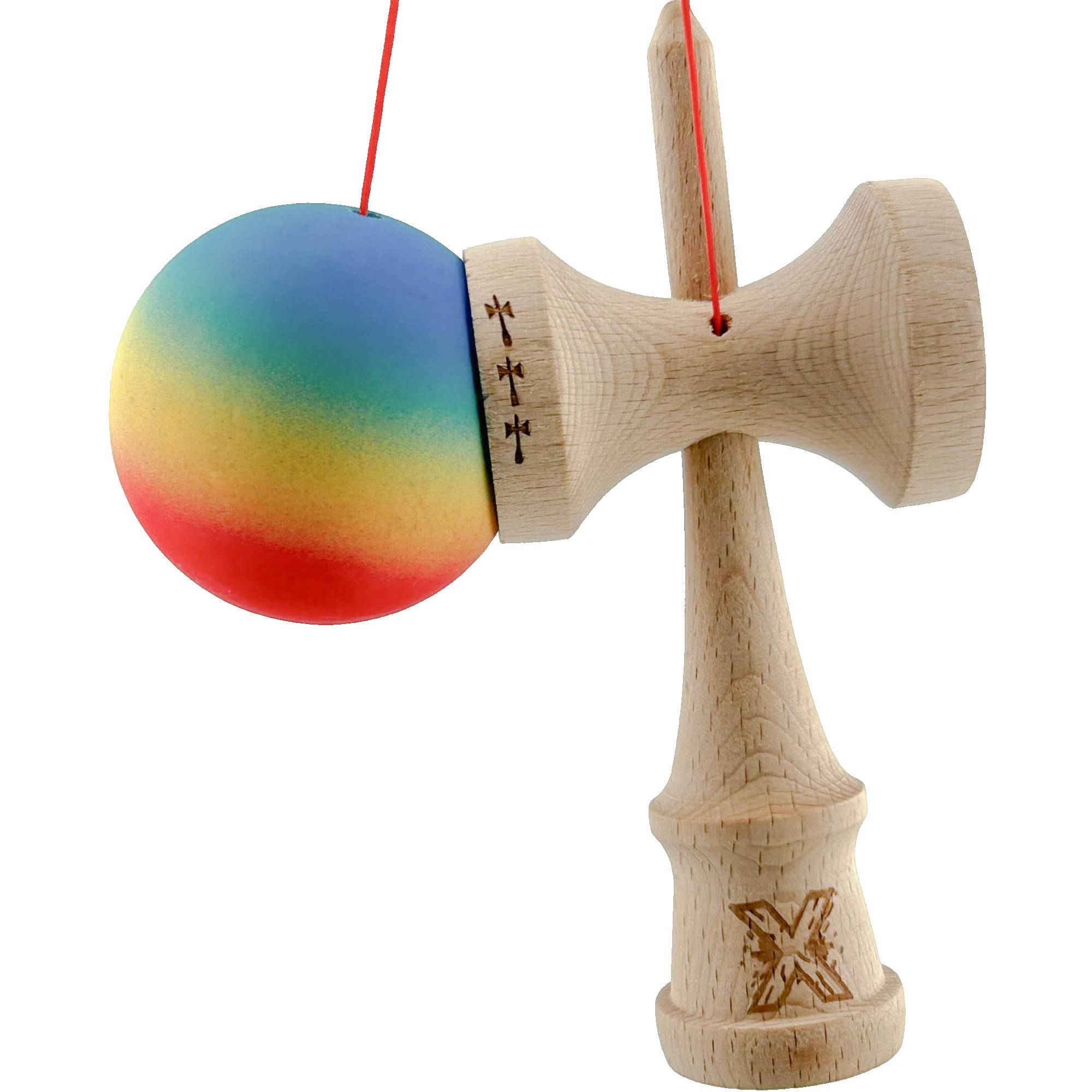 Kendama X Originala, Profesionala, Flippy, Big Cups V2, Rubber Grip cu Cupe Mari, Rulment Metalic cu Ata 55 cm, Gradient Albastru/Galben/Rosu