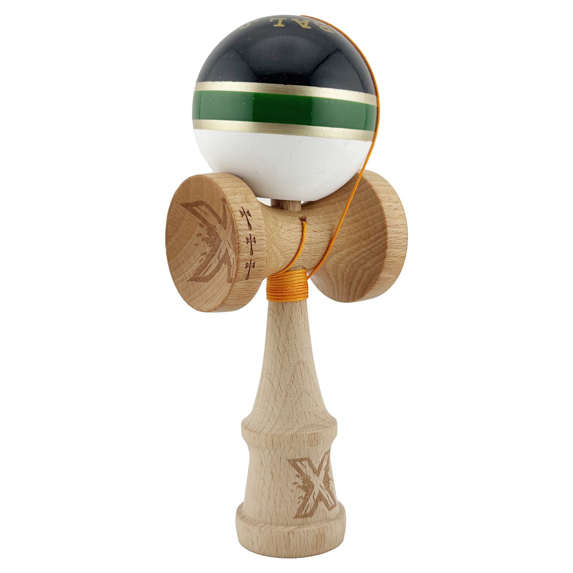 Kendama X ROYAL SPIKE Originala, Profesionala, Flippy, Big Cups V2, Super Sticky cu Cupe Mari, Rulment Metalic, din lemn 18 cm, Ata 55 cm, Negru/Verde Gold/Alb