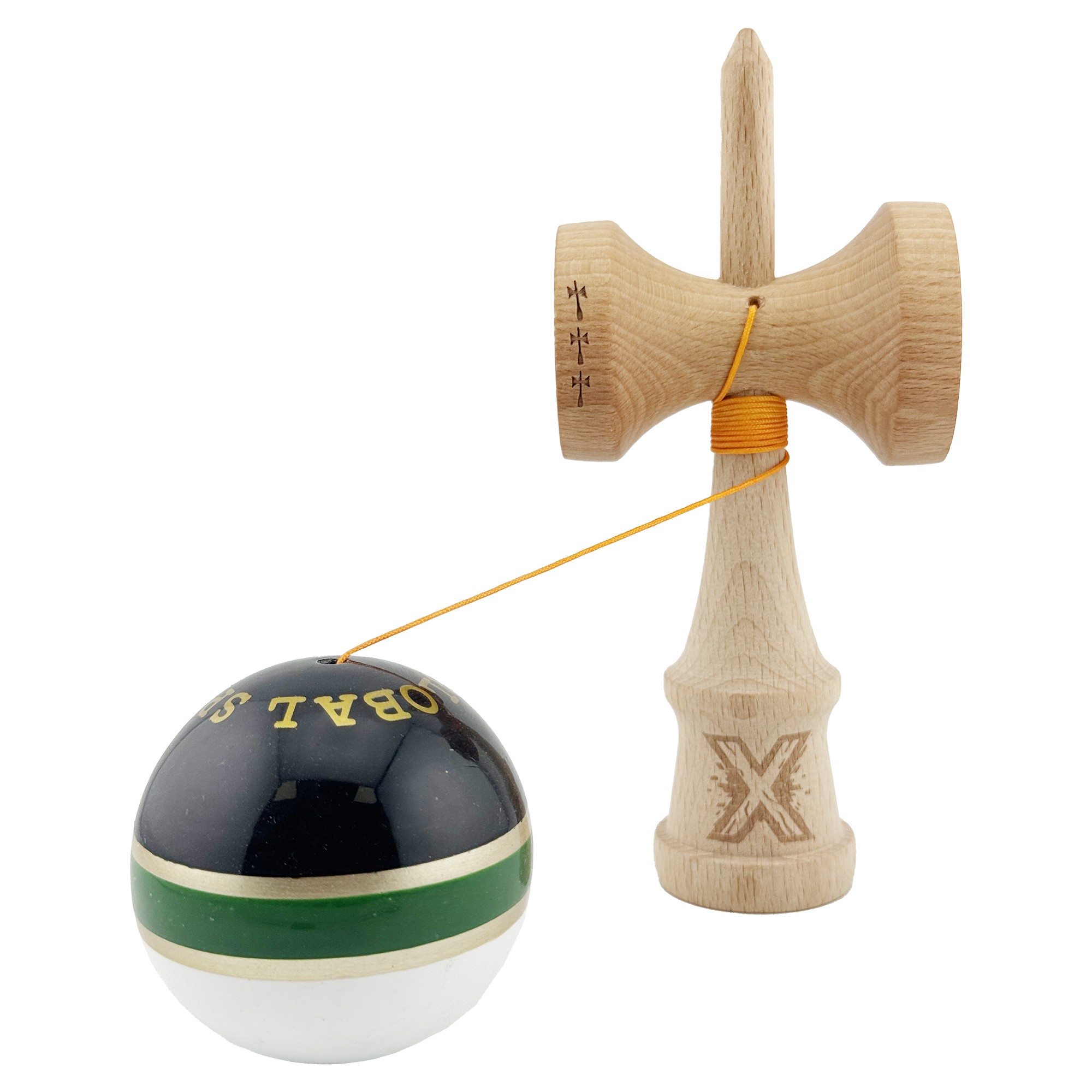 Kendama X ROYAL SPIKE Originala, Profesionala, Flippy, Big Cups V2, Super Sticky cu Cupe Mari, Rulment Metalic, din lemn 18 cm, Ata 55 cm, Negru/Verde Gold/Alb