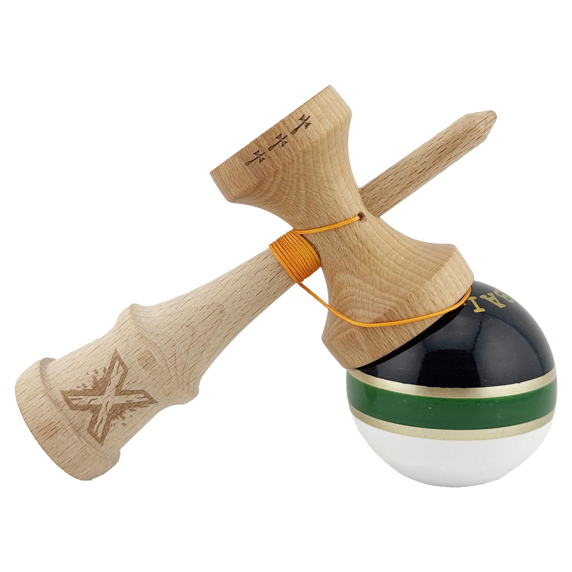 Kendama X ROYAL SPIKE Originala, Profesionala, Flippy, Big Cups V2, Super Sticky cu Cupe Mari, Rulment Metalic, din lemn 18 cm, Ata 55 cm, Negru/Verde Gold/Alb