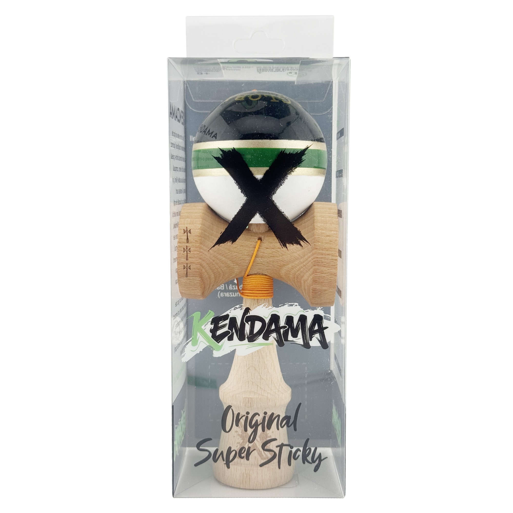 Kendama X ROYAL SPIKE Originala, Profesionala, Flippy, Big Cups V2, Super Sticky cu Cupe Mari, Rulment Metalic, din lemn 18 cm, Ata 55 cm, Negru/Verde Gold/Alb