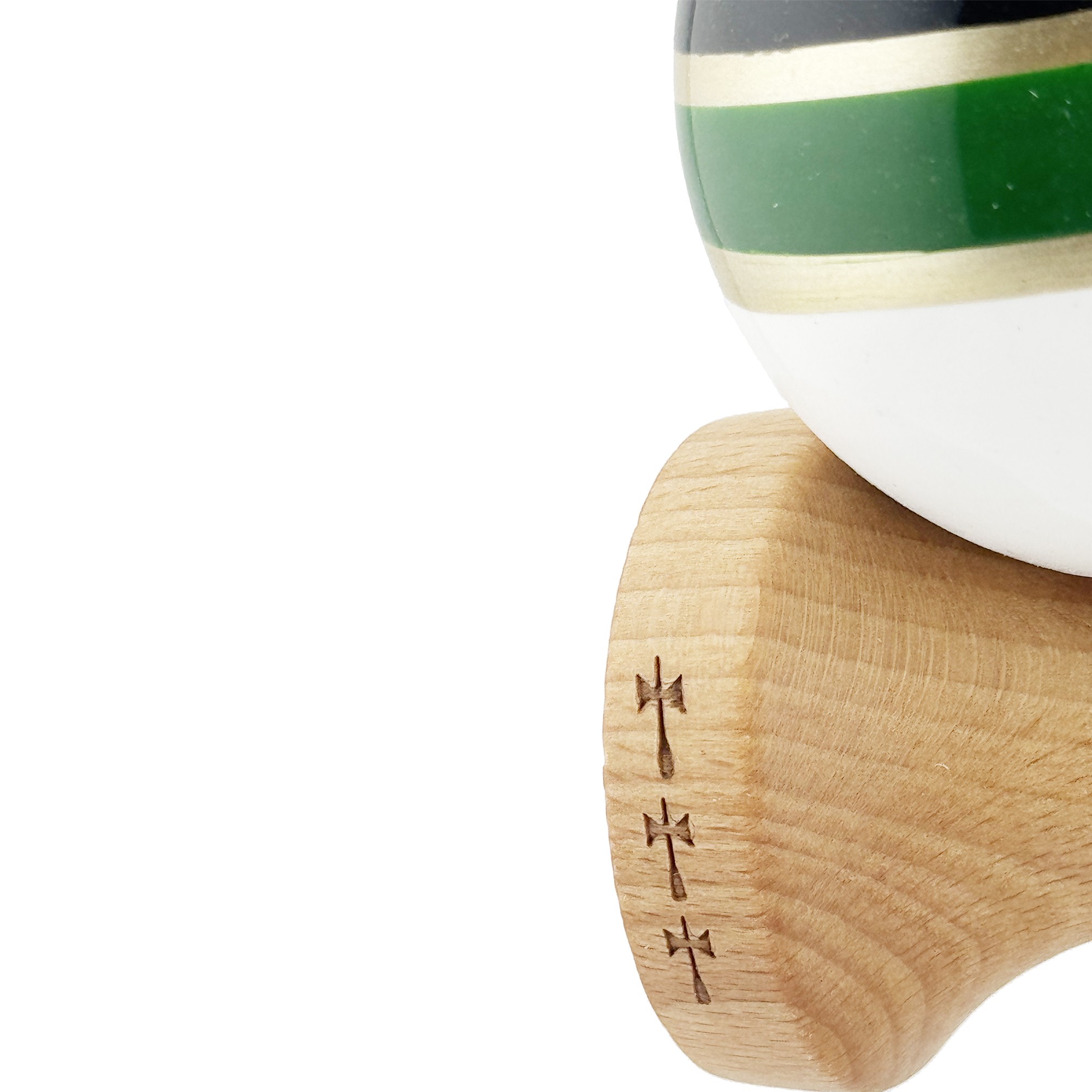 Kendama X ROYAL SPIKE Originala, Profesionala, Flippy, Big Cups V2, Super Sticky cu Cupe Mari, Rulment Metalic, din lemn 18 cm, Ata 55 cm, Negru/Verde Gold/Alb