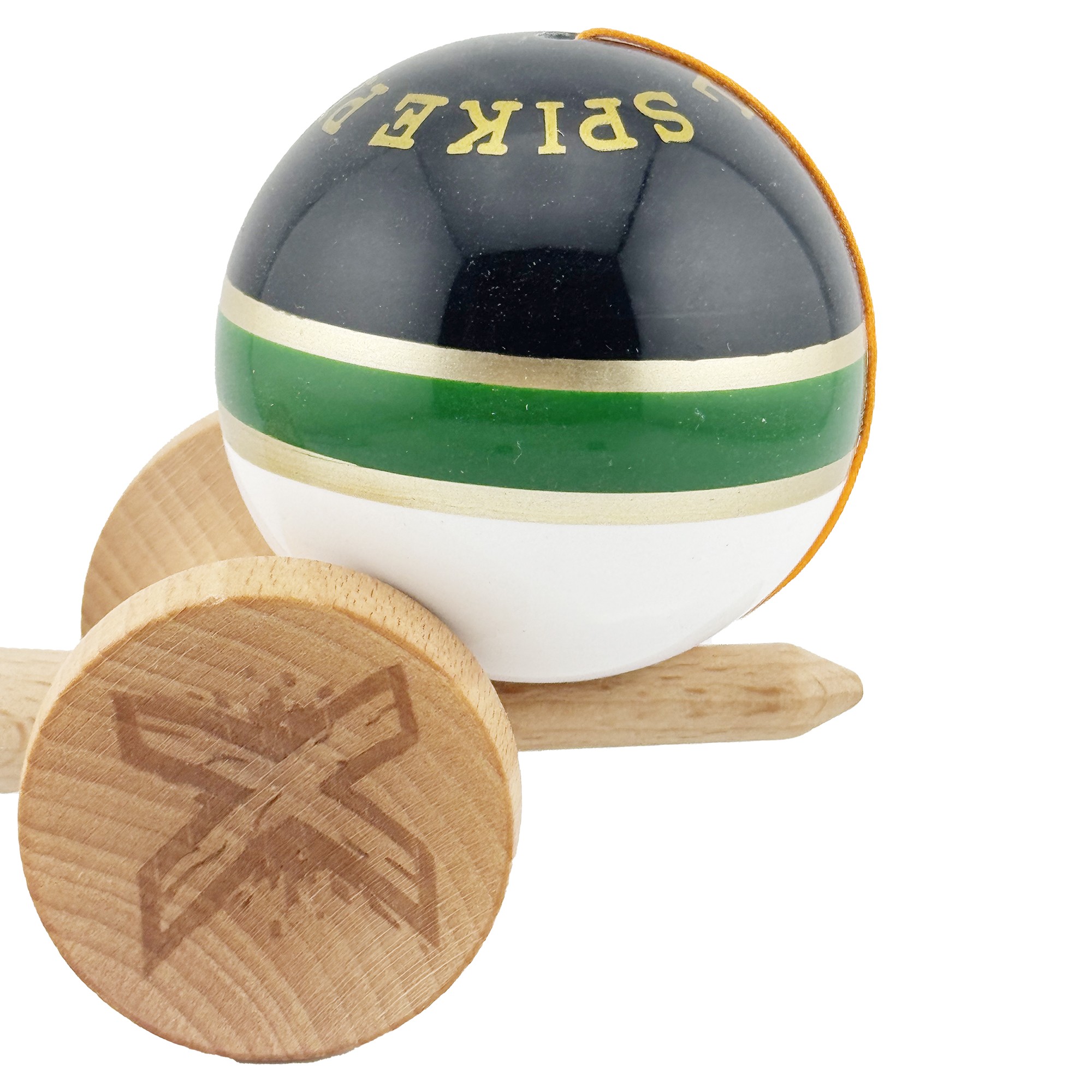 Kendama X ROYAL SPIKE Originala, Profesionala, Flippy, Big Cups V2, Super Sticky cu Cupe Mari, Rulment Metalic, din lemn 18 cm, Ata 55 cm, Negru/Verde Gold/Alb