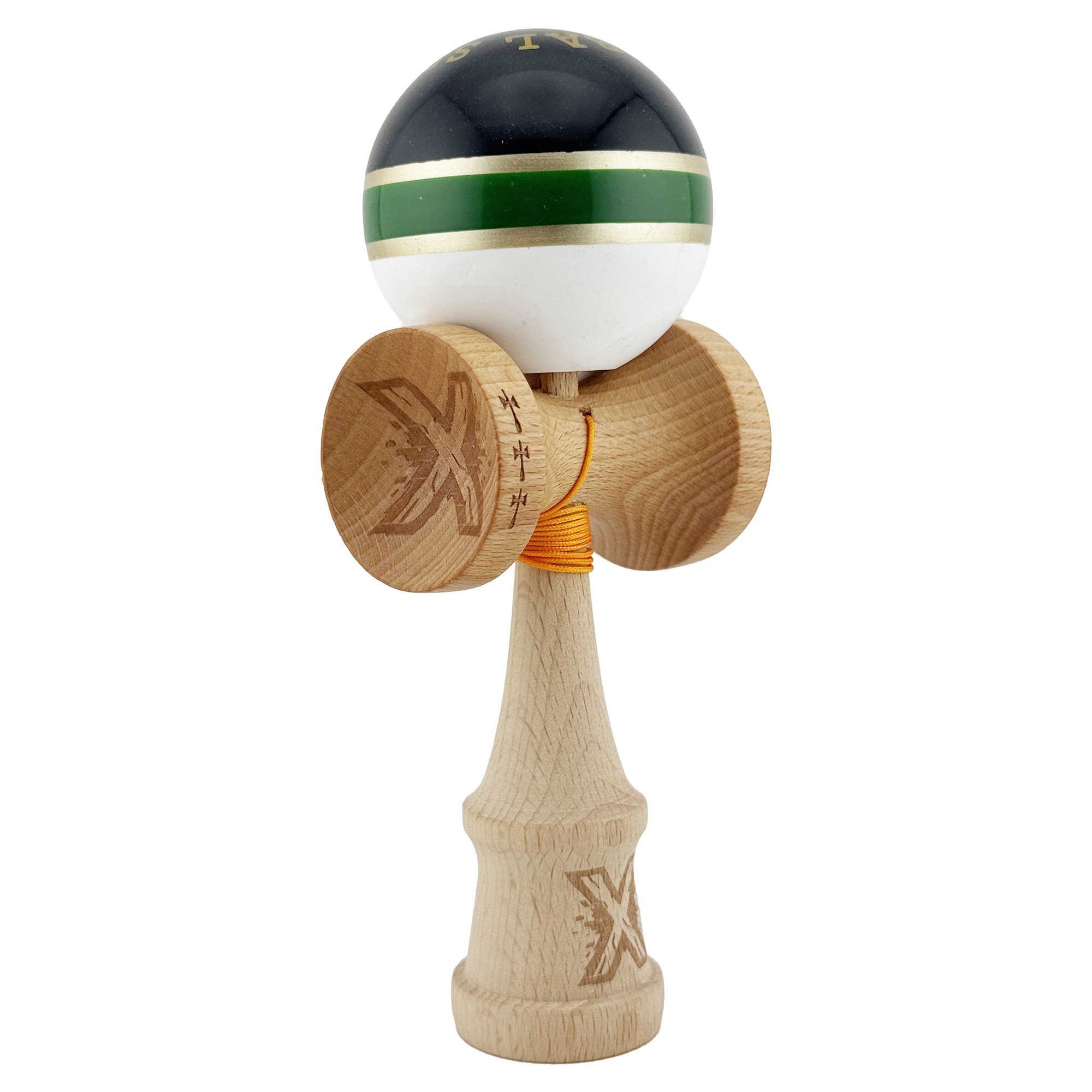Kendama X ROYAL SPIKE Originala, Profesionala, Flippy, Big Cups V2, Super Sticky cu Cupe Mari, Rulment Metalic, din lemn 18 cm, Ata 55 cm, Negru/Verde Gold/Alb