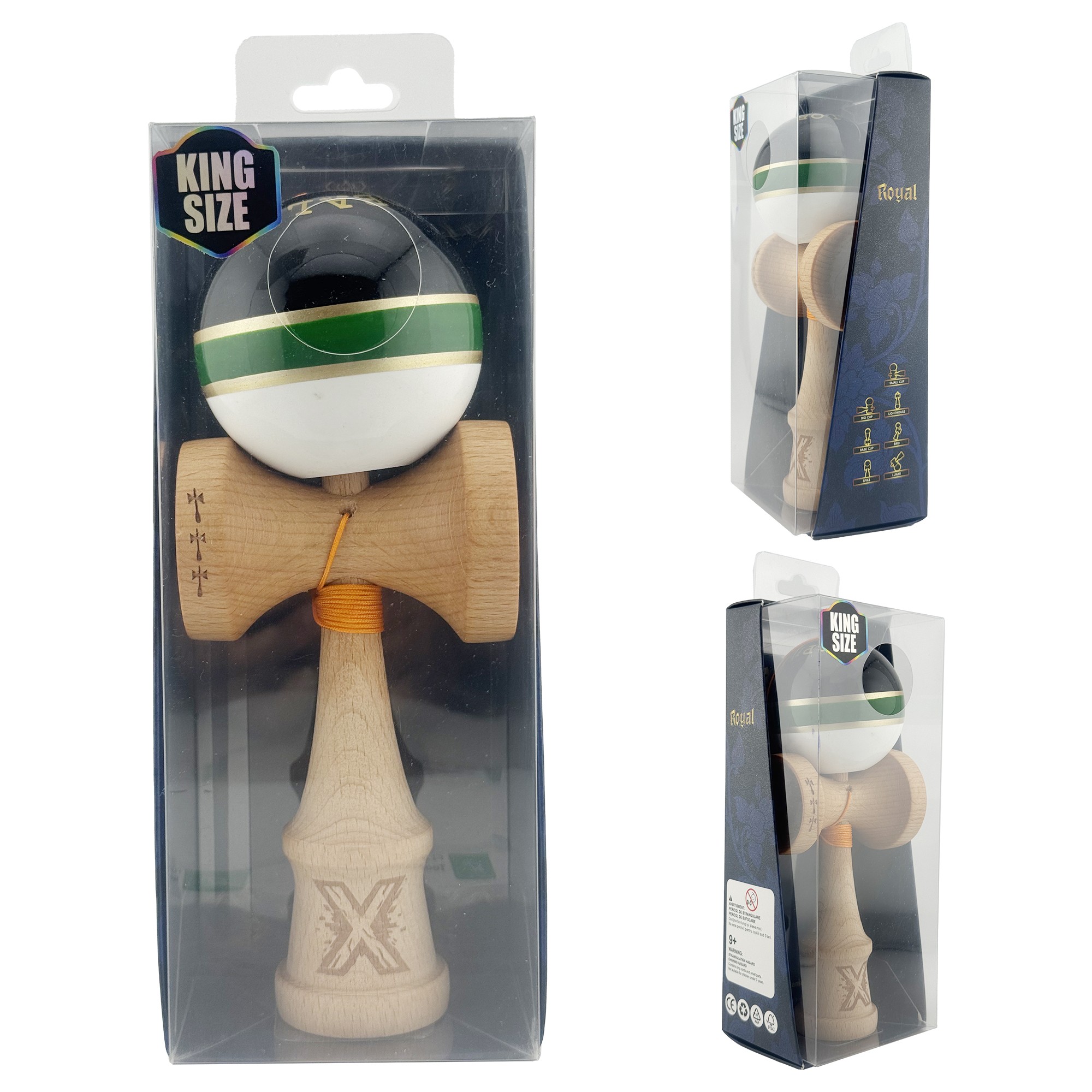 Kendama X ROYAL SPIKE Originala, Profesionala, Flippy, Big Cups V2, Super Sticky cu Cupe Mari, Rulment Metalic, din lemn 18 cm, Ata 55 cm, Negru/Verde Gold/Alb [8]