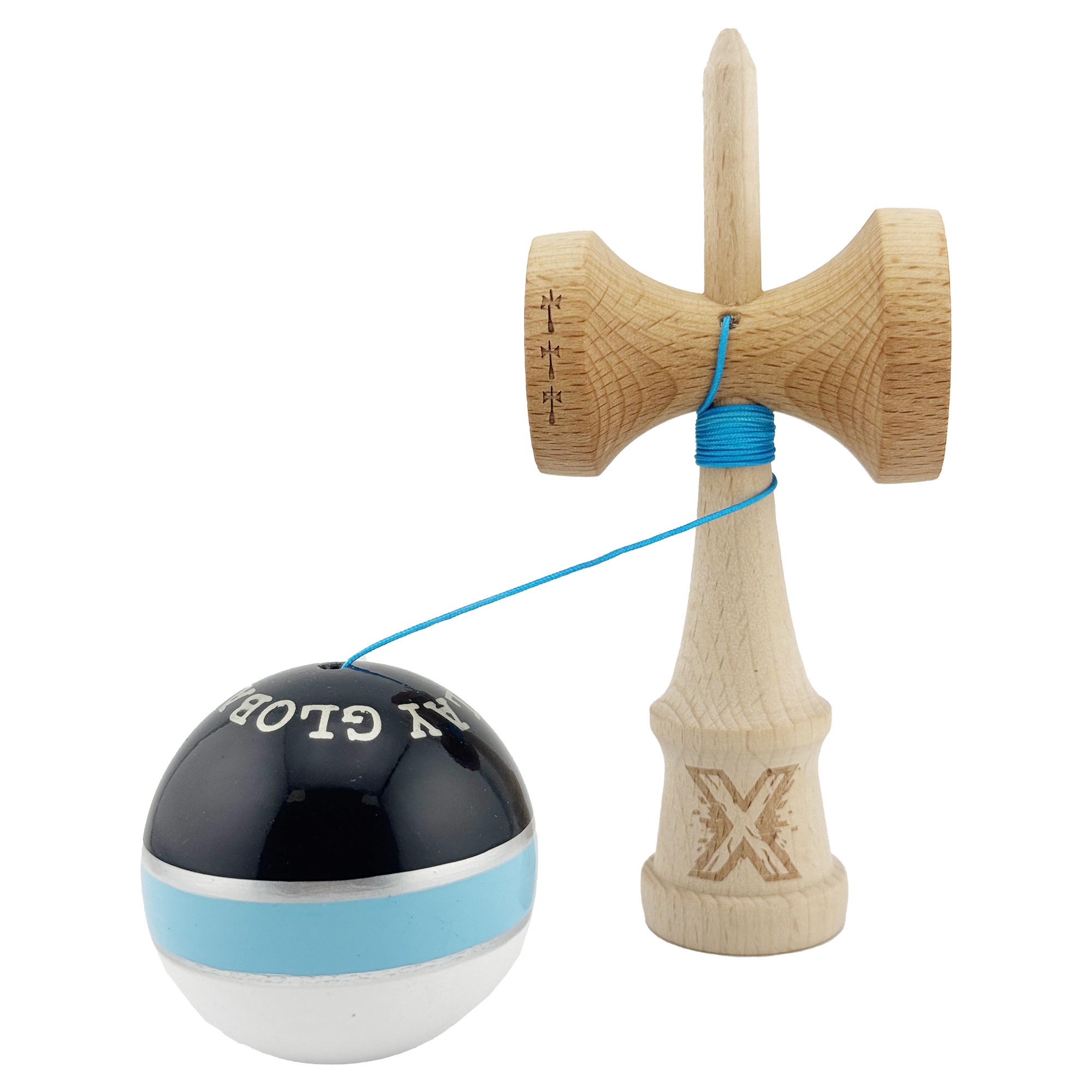 Kendama X ROYAL SPIKE Originala, Profesionala, Flippy, Big Cups V2, Super Sticky cu Cupe Mari, Rulment Metalic, din lemn 18 cm, Ata 55 cm, Negru/Albastru Silver/Alb