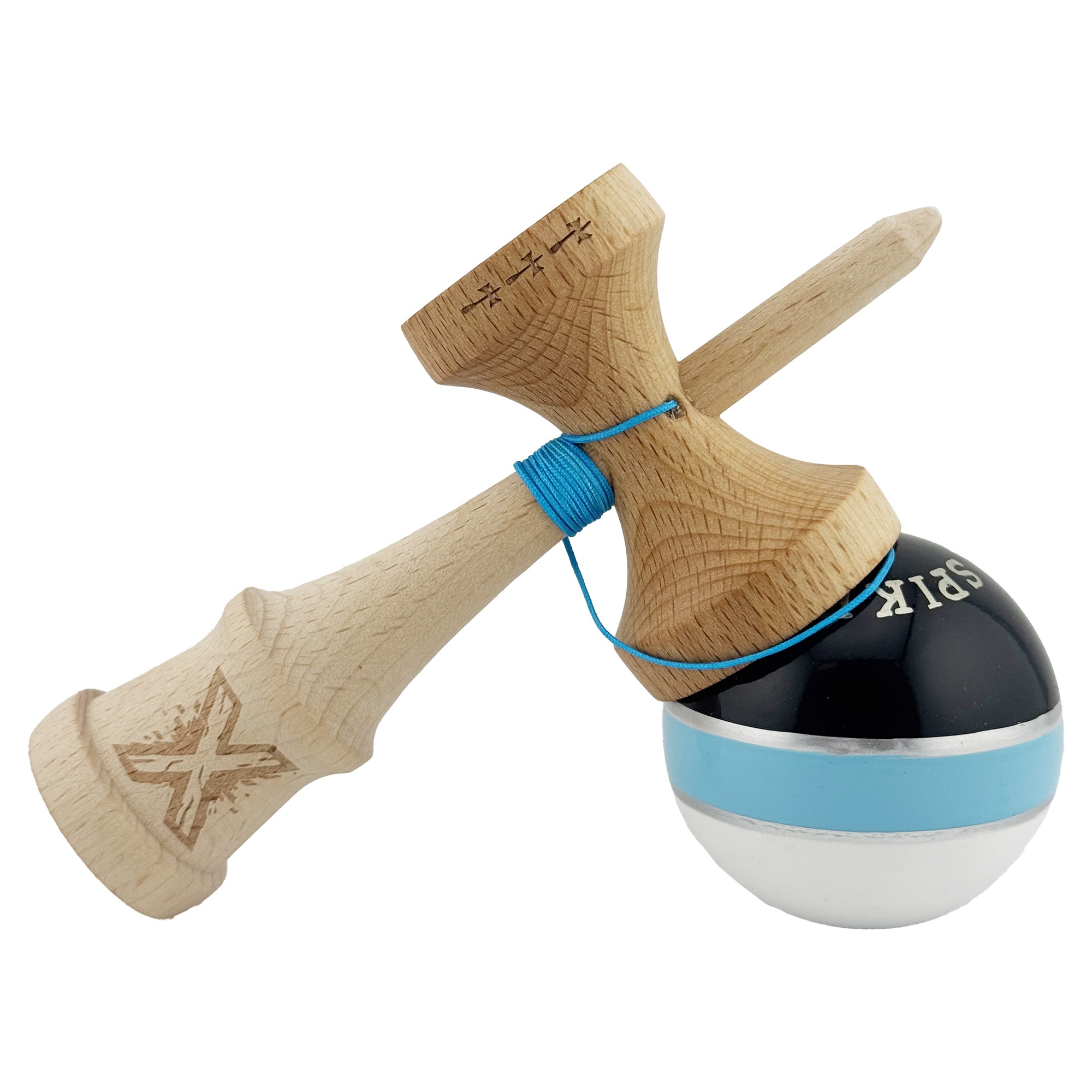 Kendama X ROYAL SPIKE Originala, Profesionala, Flippy, Big Cups V2, Super Sticky cu Cupe Mari, Rulment Metalic, din lemn 18 cm, Ata 55 cm, Negru/Albastru Silver/Alb