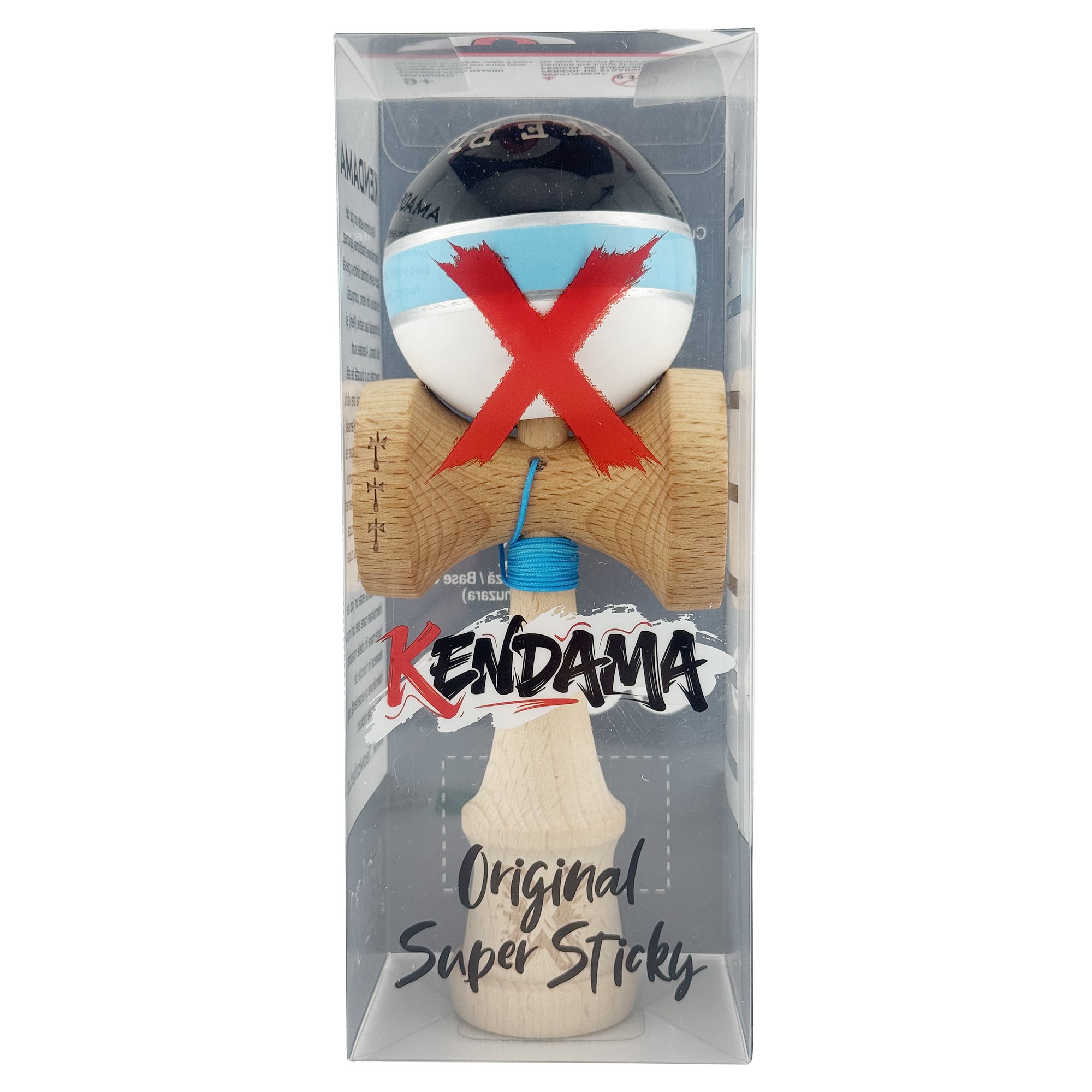 Kendama X ROYAL SPIKE Originala, Profesionala, Flippy, Big Cups V2, Super Sticky cu Cupe Mari, Rulment Metalic, din lemn 18 cm, Ata 55 cm, Negru/Albastru Silver/Alb