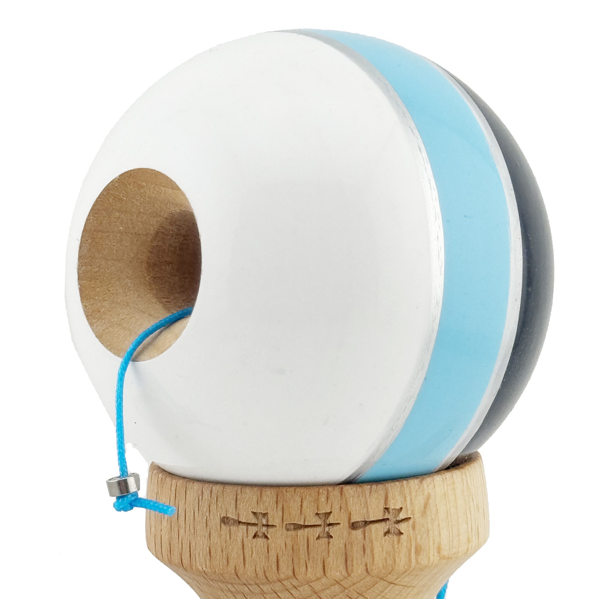 Kendama X ROYAL SPIKE Originala, Profesionala, Flippy, Big Cups V2, Super Sticky cu Cupe Mari, Rulment Metalic, din lemn 18 cm, Ata 55 cm, Negru/Albastru Silver/Alb