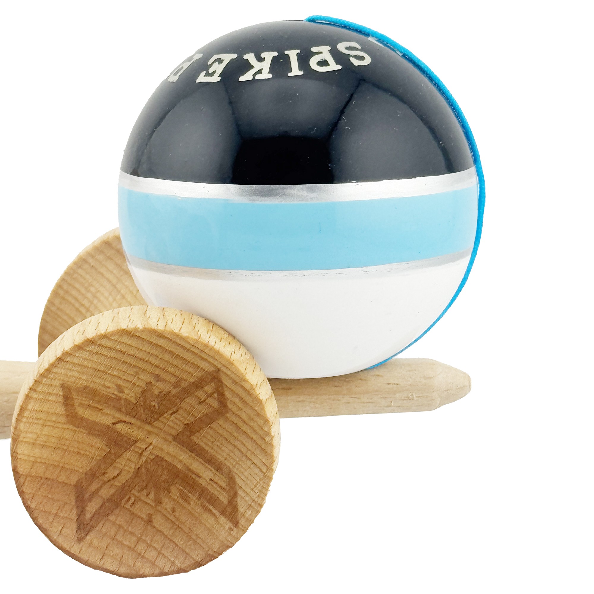 Kendama X ROYAL SPIKE Originala, Profesionala, Flippy, Big Cups V2, Super Sticky cu Cupe Mari, Rulment Metalic, din lemn 18 cm, Ata 55 cm, Negru/Albastru Silver/Alb