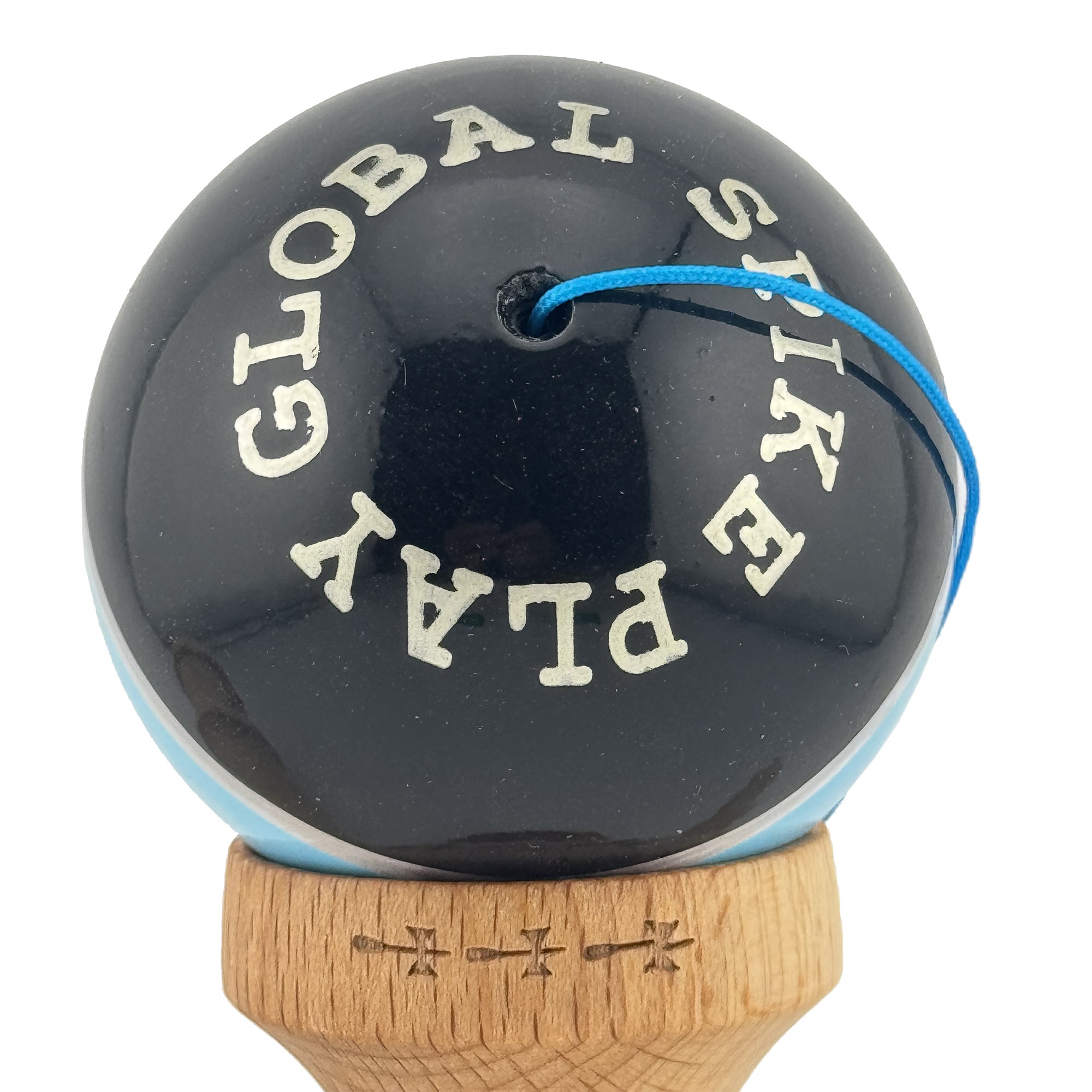 Kendama X ROYAL SPIKE Originala, Profesionala, Flippy, Big Cups V2, Super Sticky cu Cupe Mari, Rulment Metalic, din lemn 18 cm, Ata 55 cm, Negru/Albastru Silver/Alb