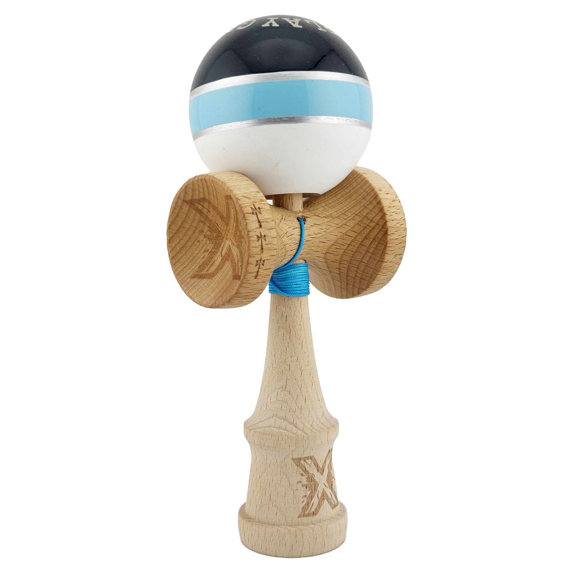 Kendama X ROYAL SPIKE Originala, Profesionala, Flippy, Big Cups V2, Super Sticky cu Cupe Mari, Rulment Metalic, din lemn 18 cm, Ata 55 cm, Negru/Albastru Silver/Alb
