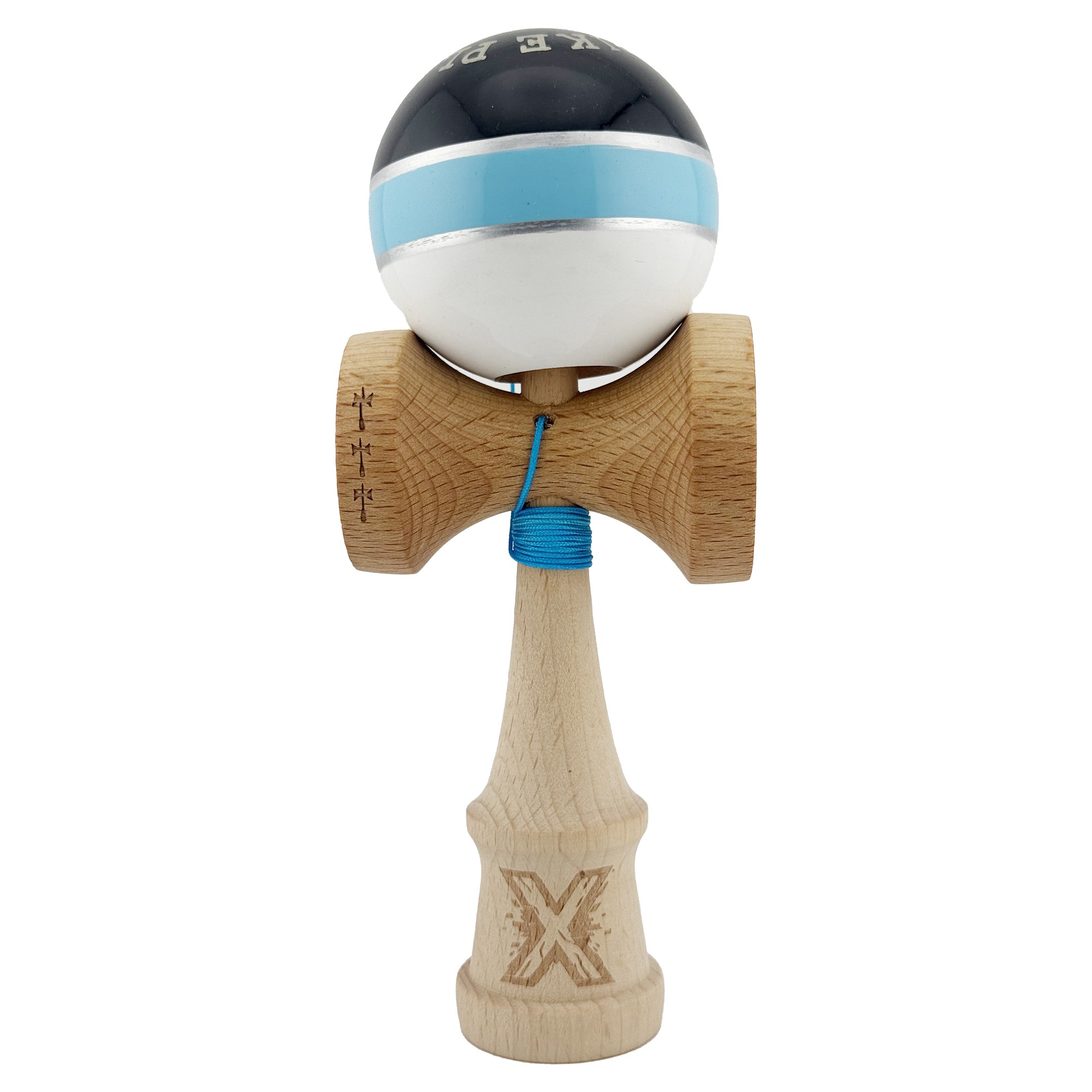 Kendama X ROYAL SPIKE Originala, Profesionala, Flippy, Big Cups V2, Super Sticky cu Cupe Mari, Rulment Metalic, din lemn 18 cm, Ata 55 cm, Negru/Albastru Silver/Alb