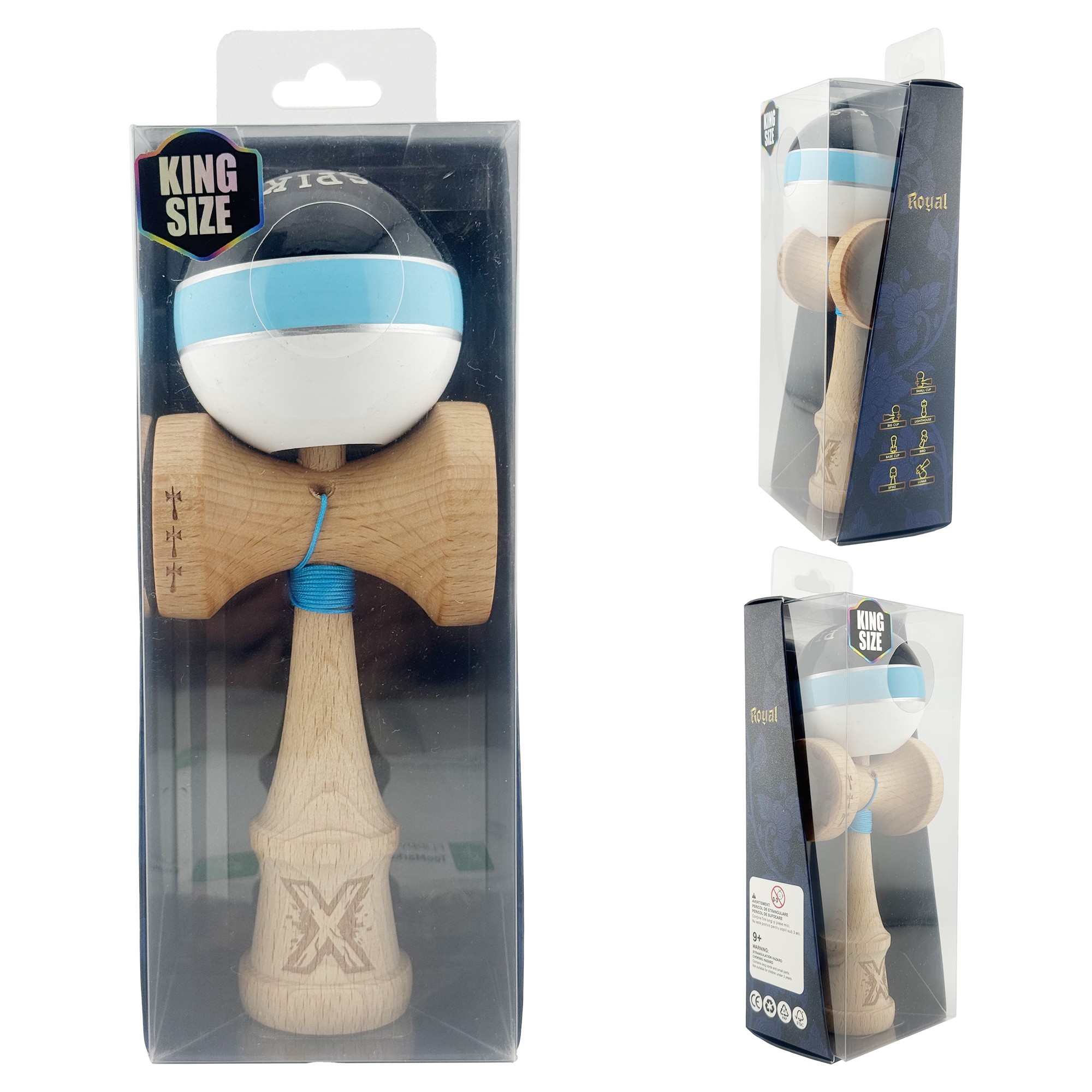 Kendama X ROYAL SPIKE Originala, Profesionala, Flippy, Big Cups V2, Super Sticky cu Cupe Mari, Rulment Metalic, din lemn 18 cm, Ata 55 cm, Negru/Albastru Silver/Alb [9]