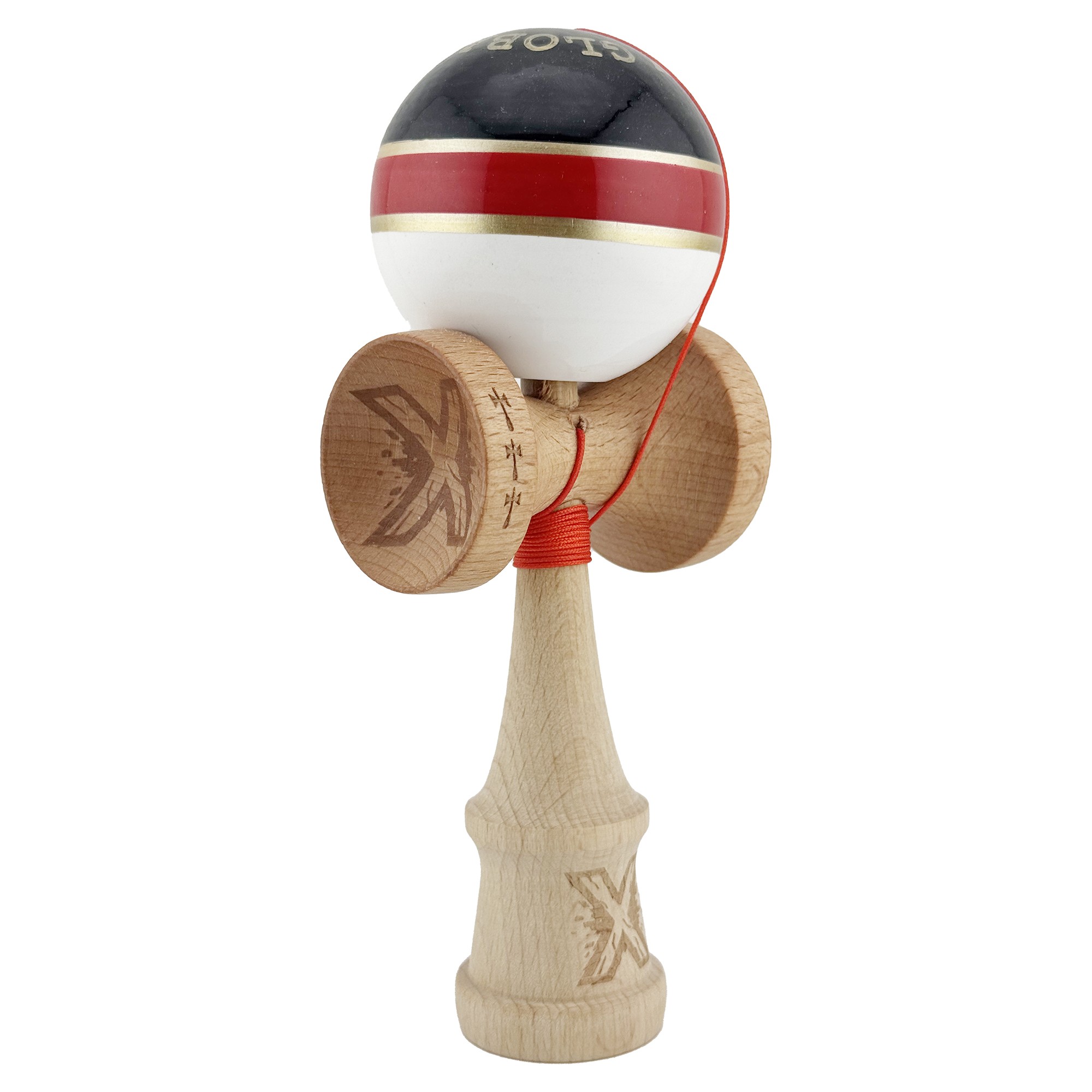 Kendama X ROYAL SPIKE Originala, Profesionala, Flippy, Big Cups V2, Super Sticky cu Cupe Mari, Rulment Metalic, din lemn 18 cm, Ata 55 cm, Negru/Rosu Gold/Alb