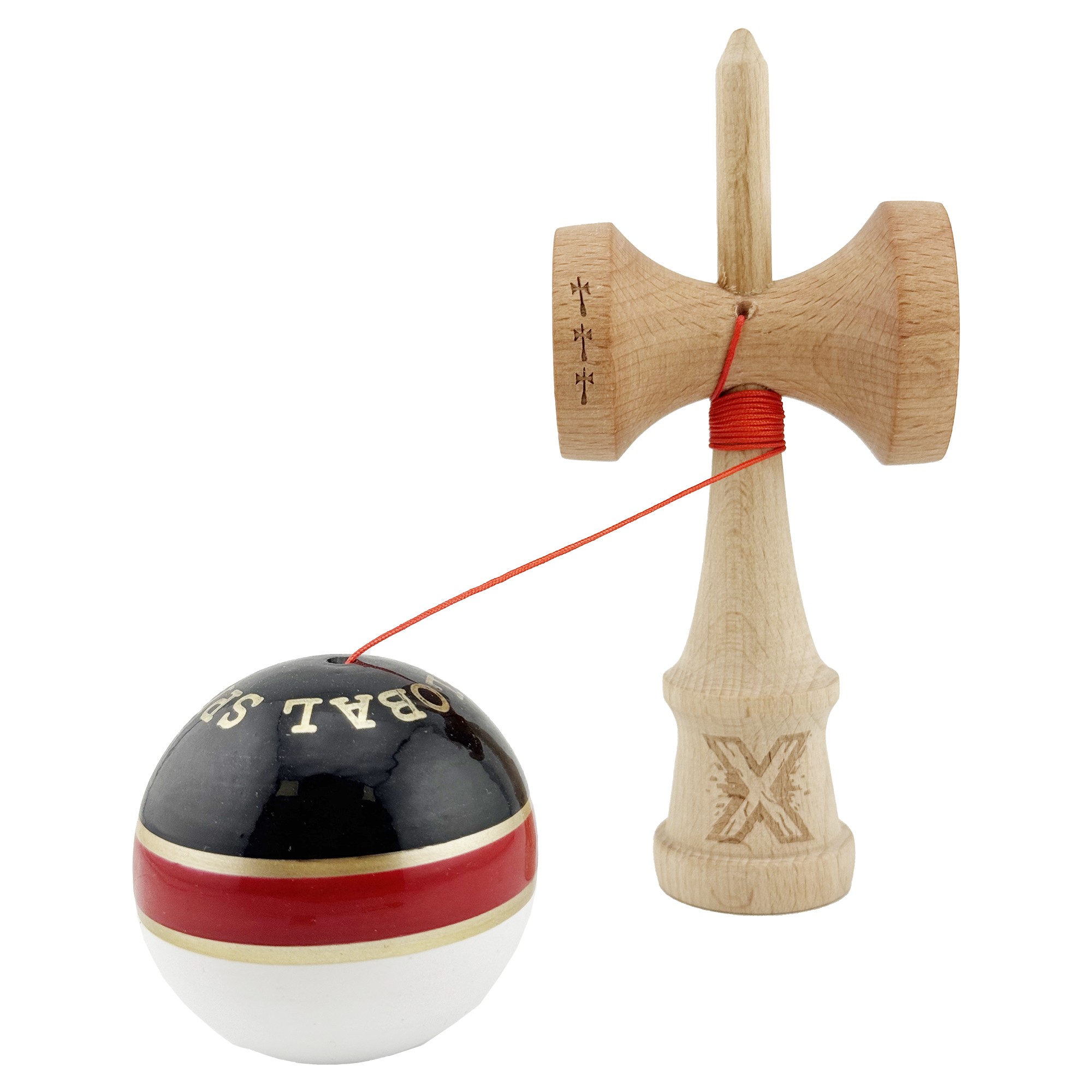 Kendama X ROYAL SPIKE Originala, Profesionala, Flippy, Big Cups V2, Super Sticky cu Cupe Mari, Rulment Metalic, din lemn 18 cm, Ata 55 cm, Negru/Rosu Gold/Alb