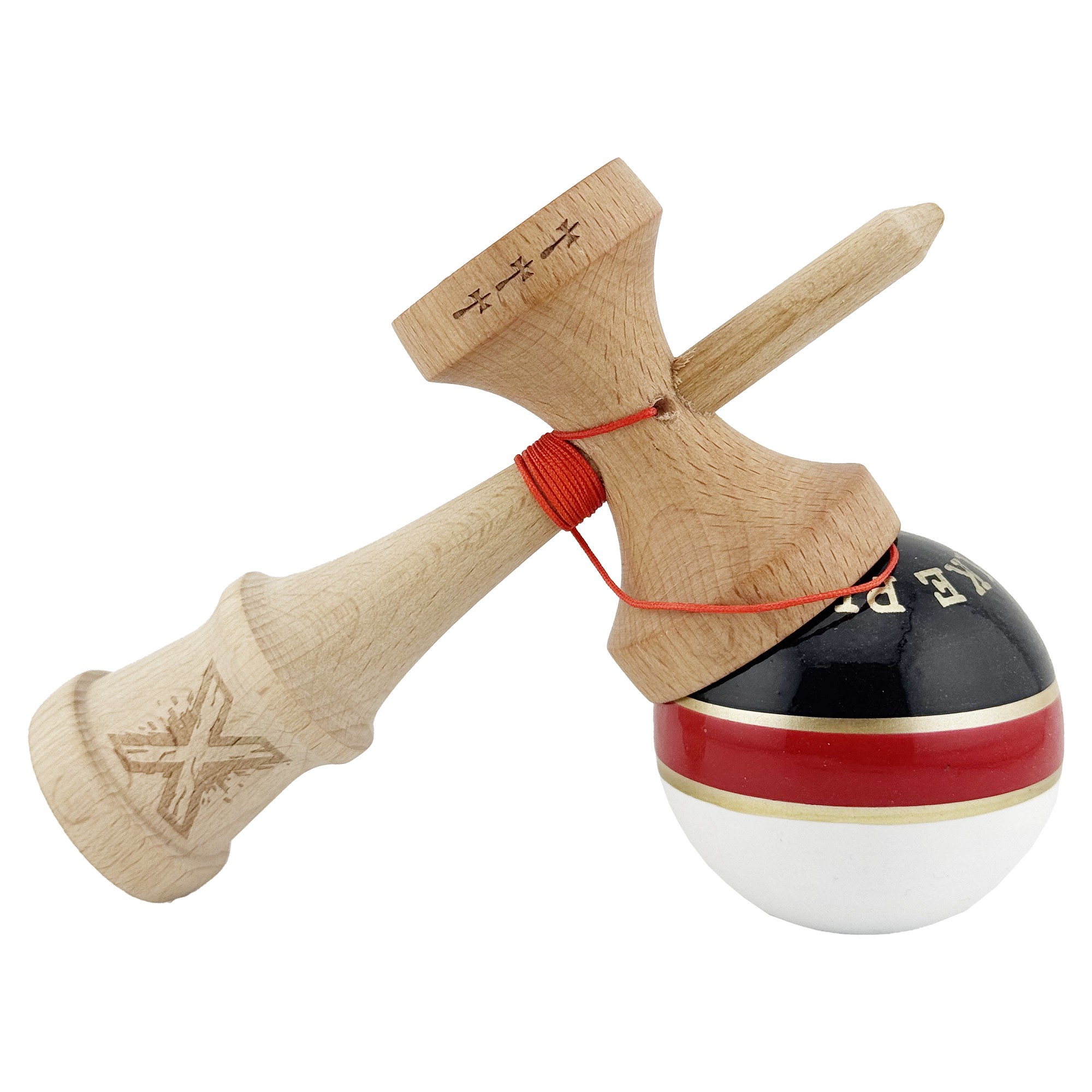 Kendama X ROYAL SPIKE Originala, Profesionala, Flippy, Big Cups V2, Super Sticky cu Cupe Mari, Rulment Metalic, din lemn 18 cm, Ata 55 cm, Negru/Rosu Gold/Alb