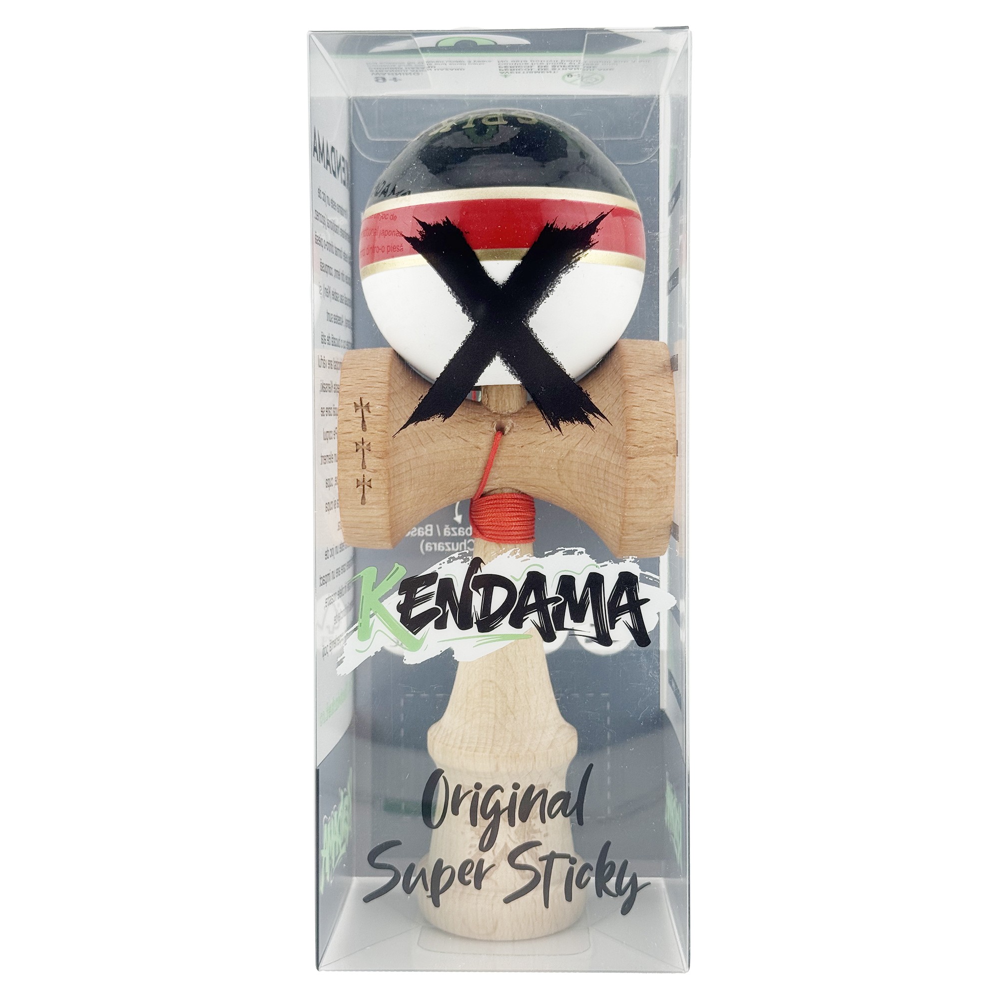 Kendama X ROYAL SPIKE Originala, Profesionala, Flippy, Big Cups V2, Super Sticky cu Cupe Mari, Rulment Metalic, din lemn 18 cm, Ata 55 cm, Negru/Rosu Gold/Alb