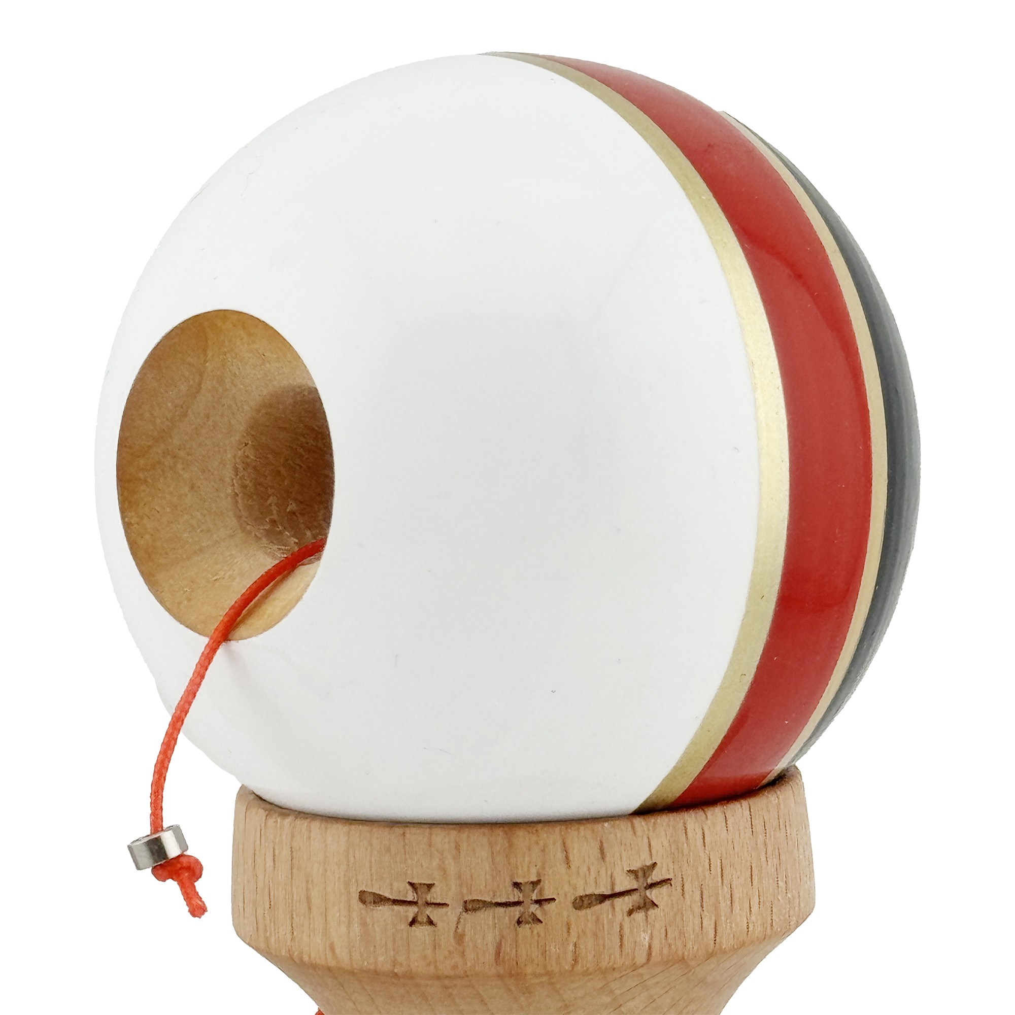 Kendama X ROYAL SPIKE Originala, Profesionala, Flippy, Big Cups V2, Super Sticky cu Cupe Mari, Rulment Metalic, din lemn 18 cm, Ata 55 cm, Negru/Rosu Gold/Alb