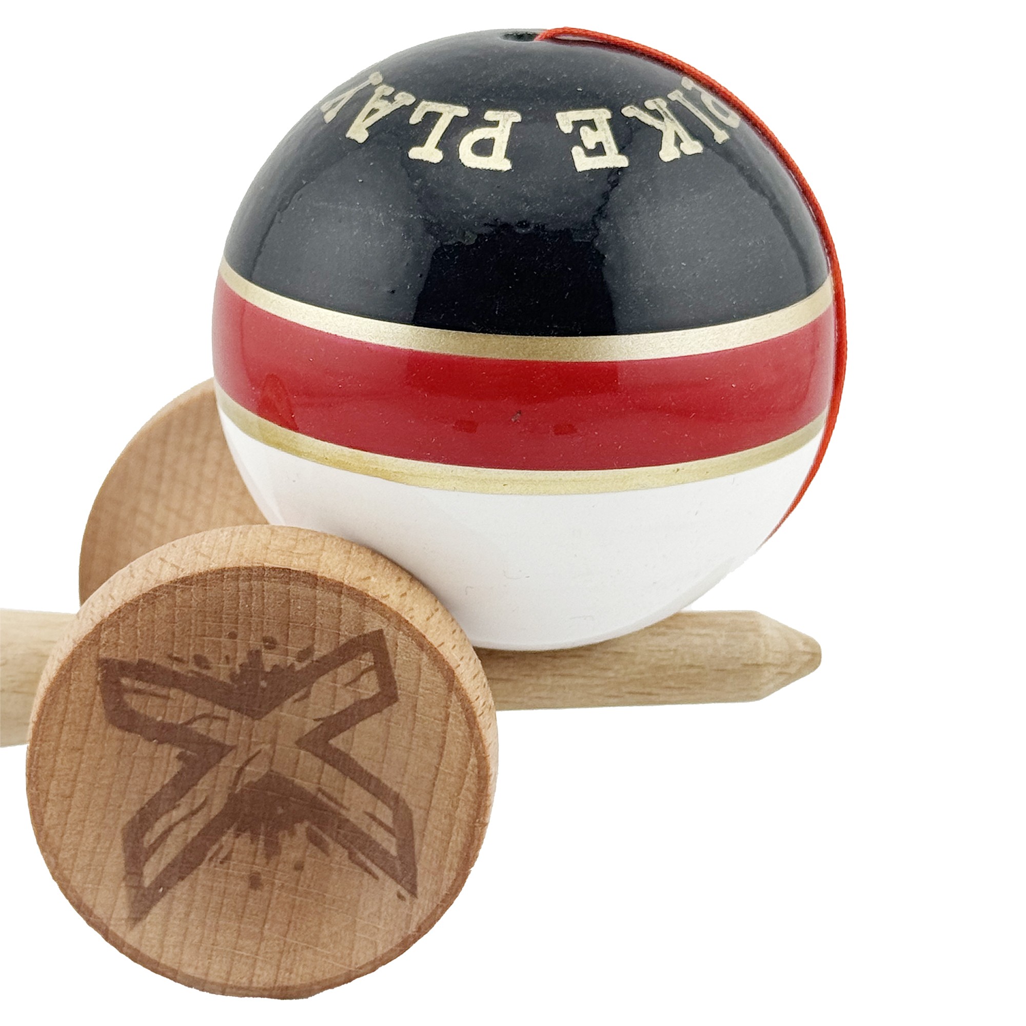 Kendama X ROYAL SPIKE Originala, Profesionala, Flippy, Big Cups V2, Super Sticky cu Cupe Mari, Rulment Metalic, din lemn 18 cm, Ata 55 cm, Negru/Rosu Gold/Alb