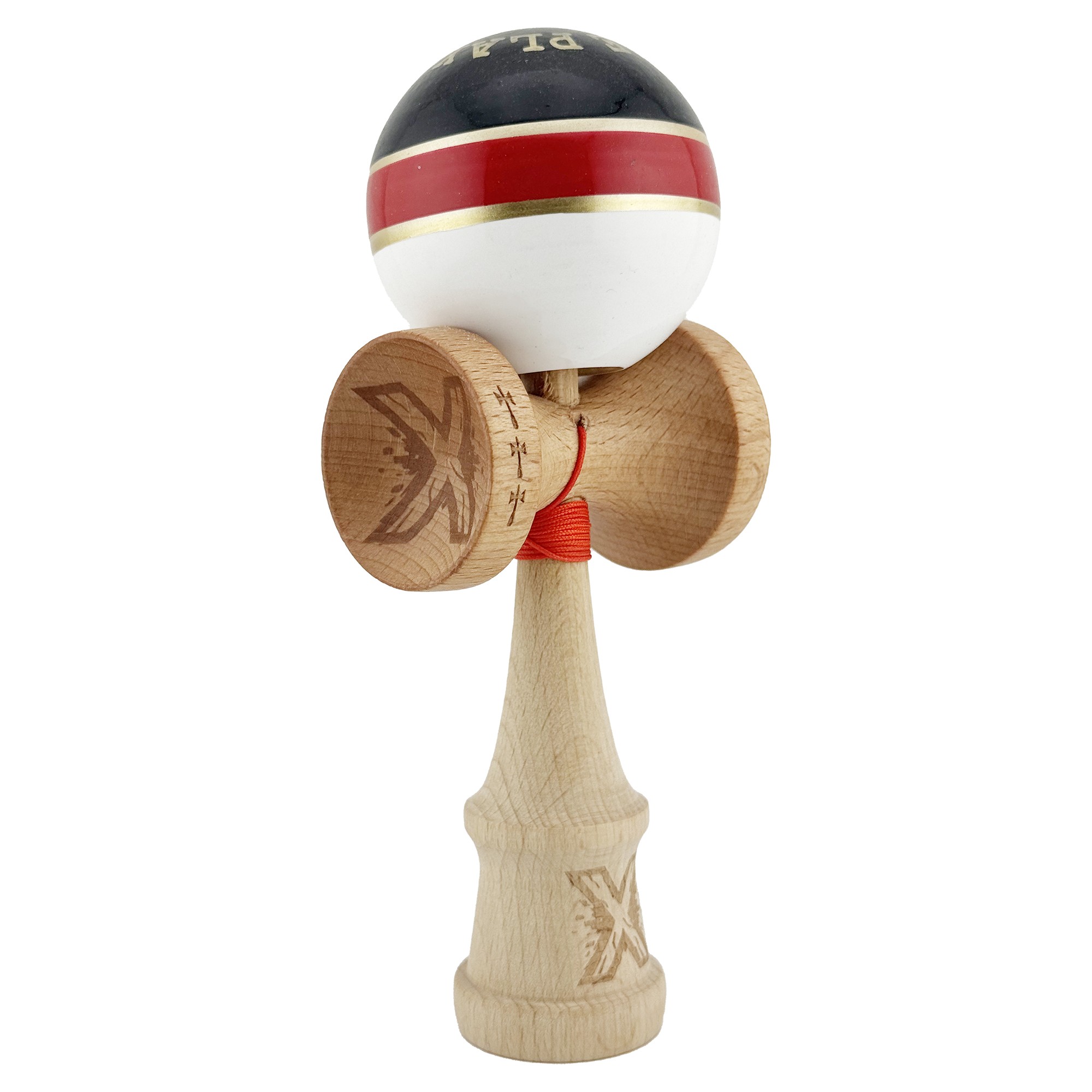 Kendama X ROYAL SPIKE Originala, Profesionala, Flippy, Big Cups V2, Super Sticky cu Cupe Mari, Rulment Metalic, din lemn 18 cm, Ata 55 cm, Negru/Rosu Gold/Alb