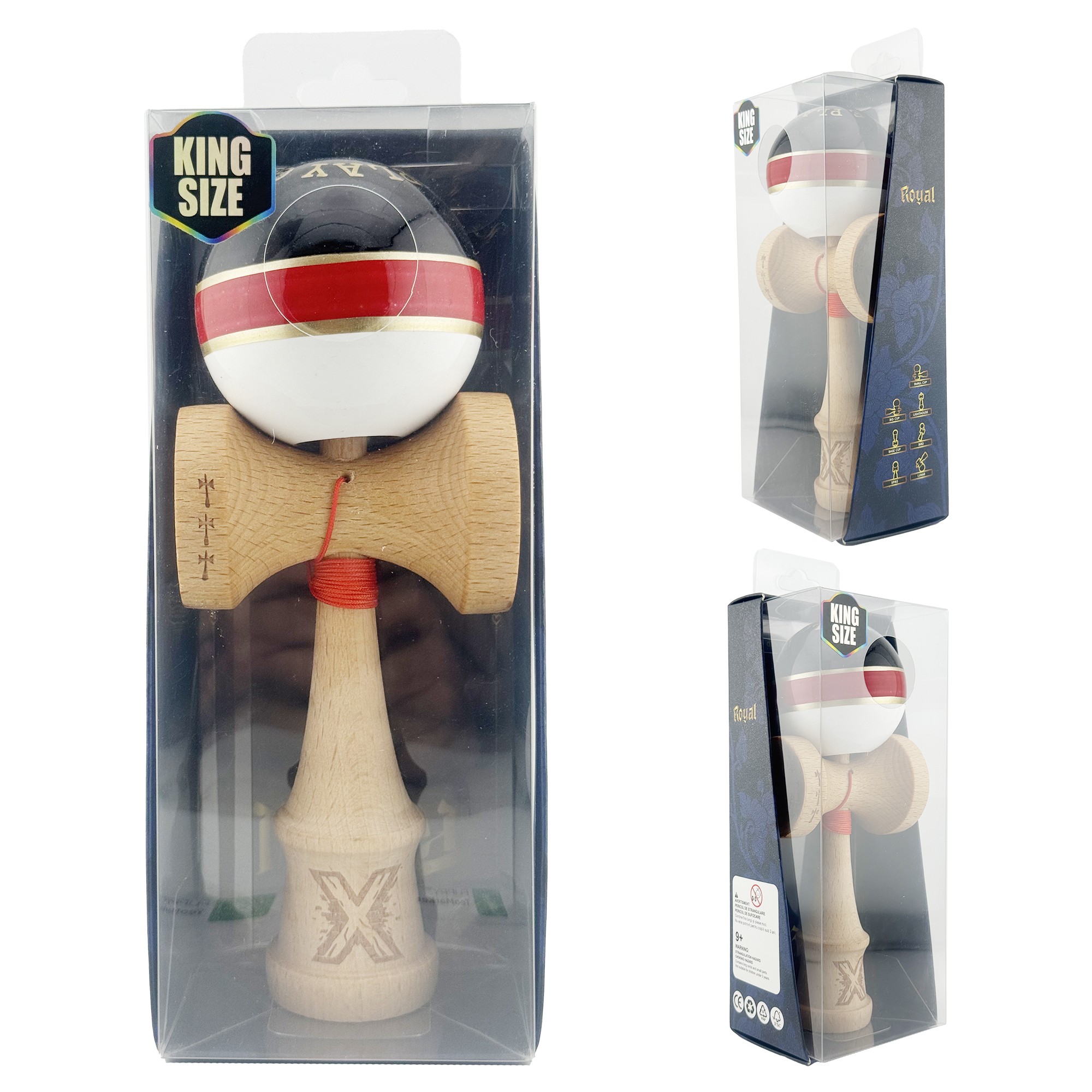 Kendama X ROYAL SPIKE Originala, Profesionala, Flippy, Big Cups V2, Super Sticky cu Cupe Mari, Rulment Metalic, din lemn 18 cm, Ata 55 cm, Negru/Rosu Gold/Alb