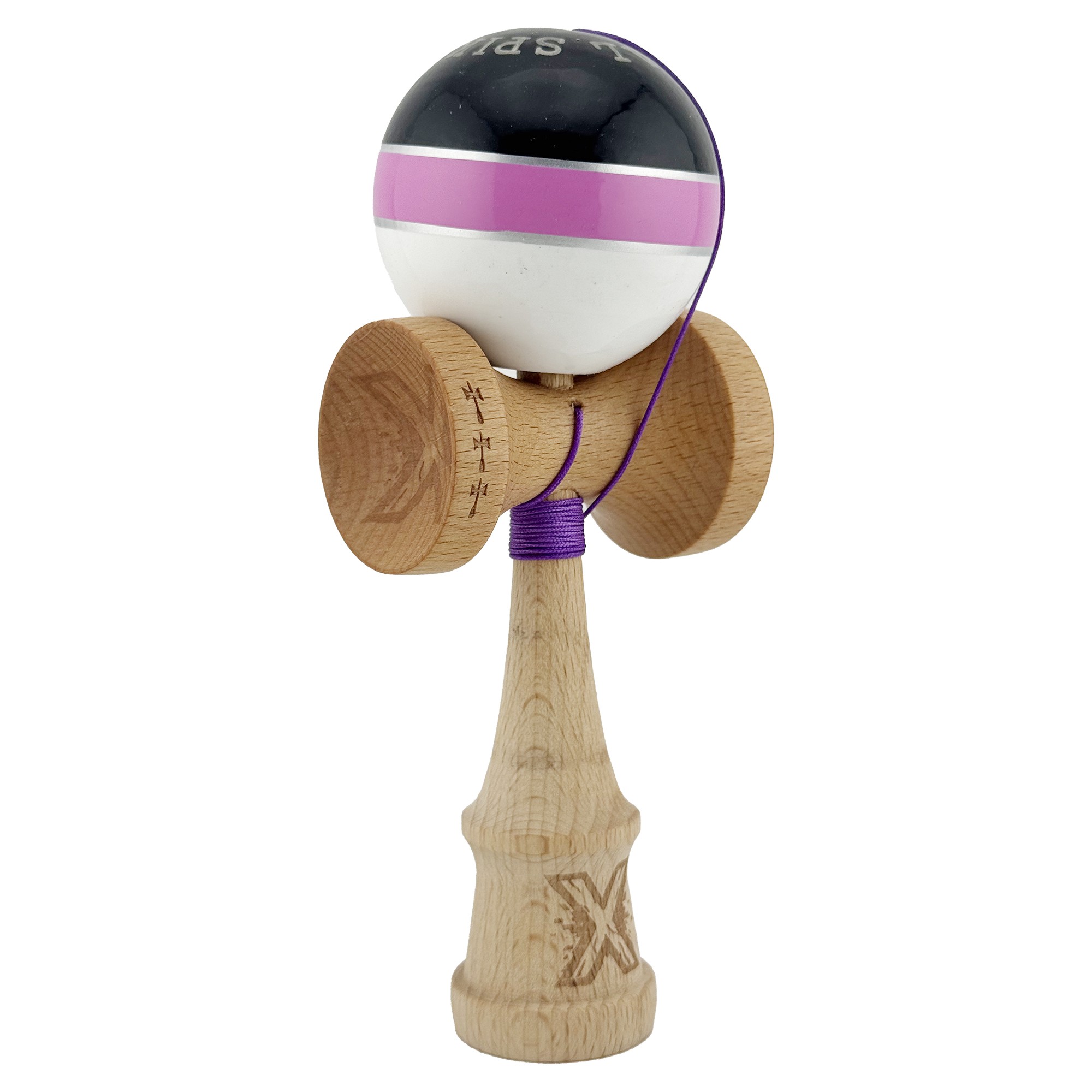 Kendama X ROYAL SPIKE Originala, Profesionala, Flippy, Big Cups V2, Super Sticky cu Cupe Mari, Rulment Metalic, din lemn 18 cm, Ata 55 cm, Negru/Roz Silver/Alb