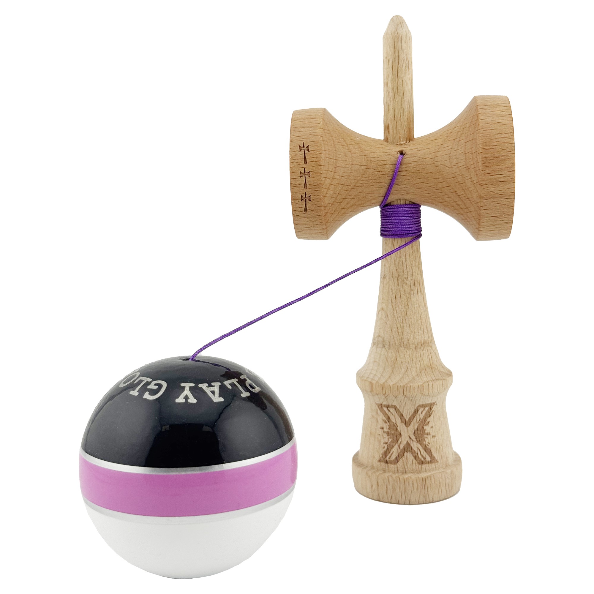Kendama X ROYAL SPIKE Originala, Profesionala, Flippy, Big Cups V2, Super Sticky cu Cupe Mari, Rulment Metalic, din lemn 18 cm, Ata 55 cm, Negru/Roz Silver/Alb