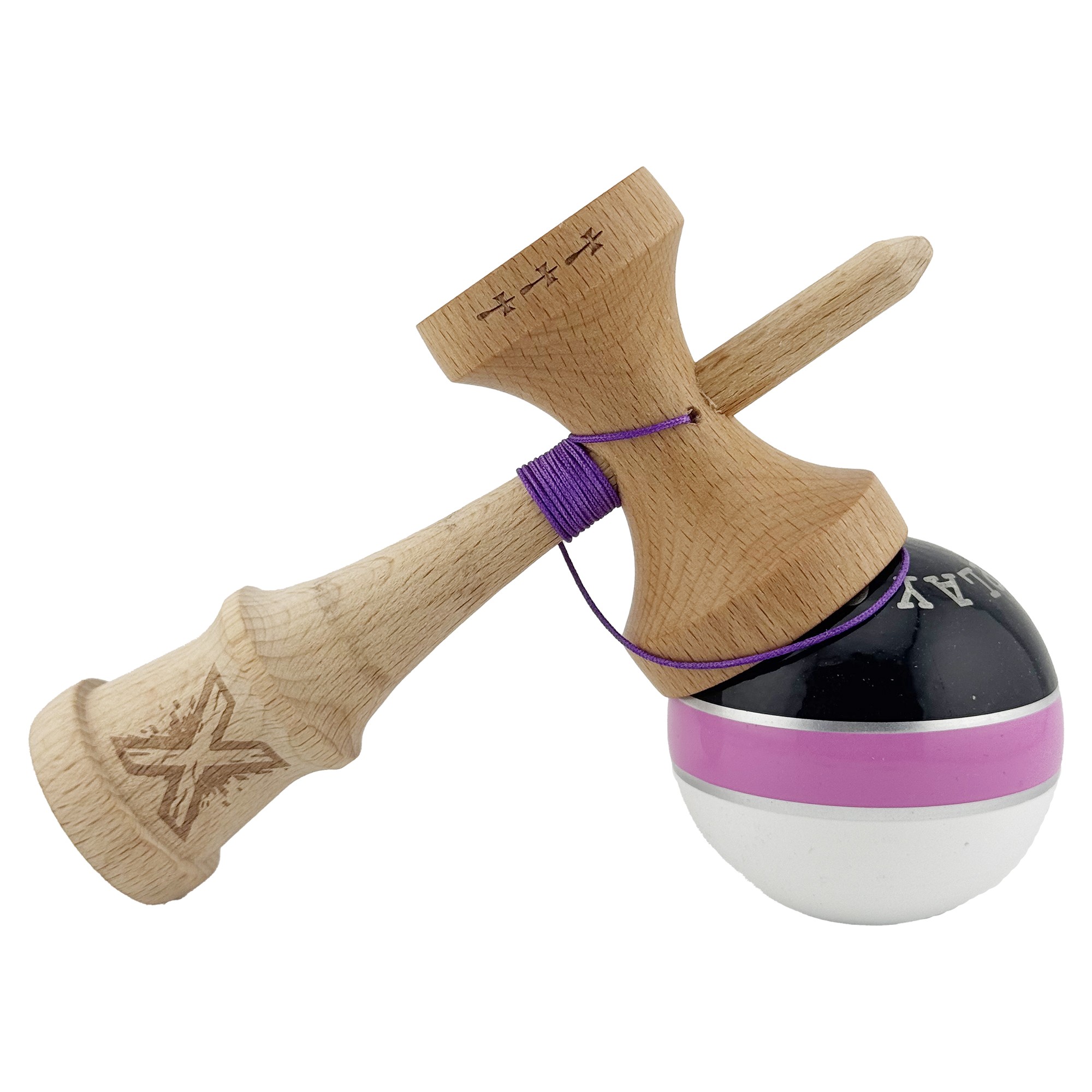 Kendama X ROYAL SPIKE Originala, Profesionala, Flippy, Big Cups V2, Super Sticky cu Cupe Mari, Rulment Metalic, din lemn 18 cm, Ata 55 cm, Negru/Roz Silver/Alb