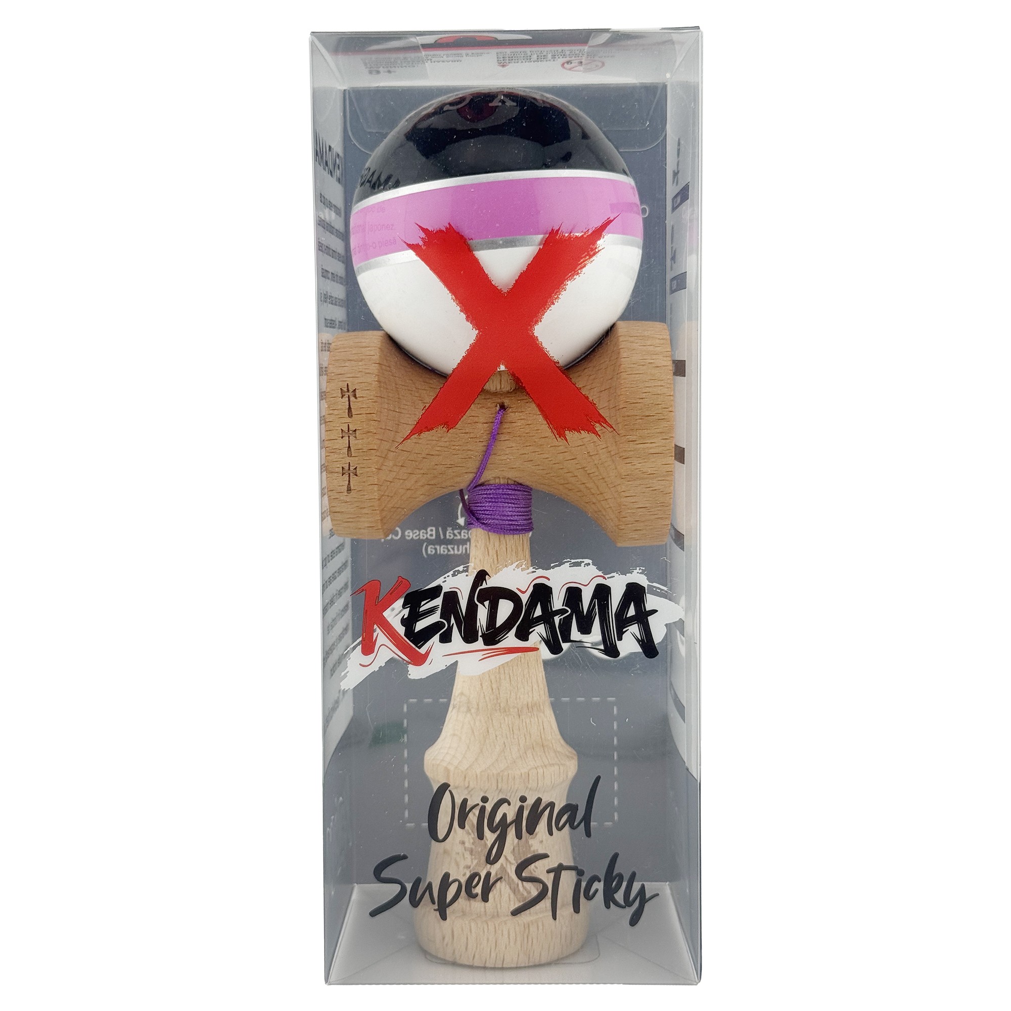 Kendama X ROYAL SPIKE Originala, Profesionala, Flippy, Big Cups V2, Super Sticky cu Cupe Mari, Rulment Metalic, din lemn 18 cm, Ata 55 cm, Negru/Roz Silver/Alb