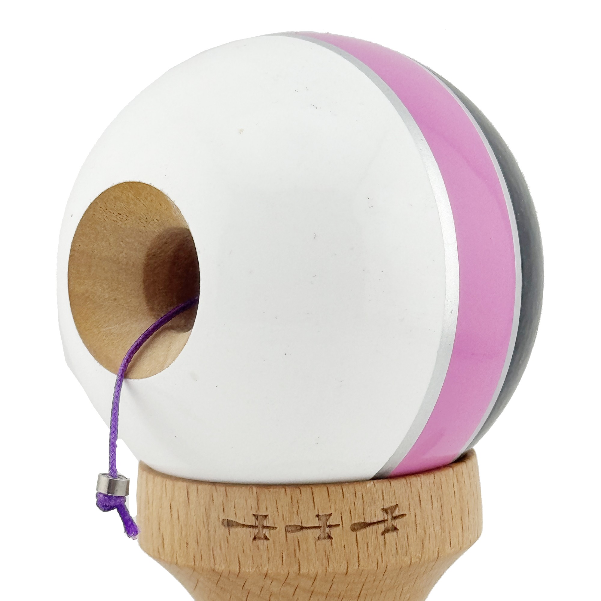 Kendama X ROYAL SPIKE Originala, Profesionala, Flippy, Big Cups V2, Super Sticky cu Cupe Mari, Rulment Metalic, din lemn 18 cm, Ata 55 cm, Negru/Roz Silver/Alb