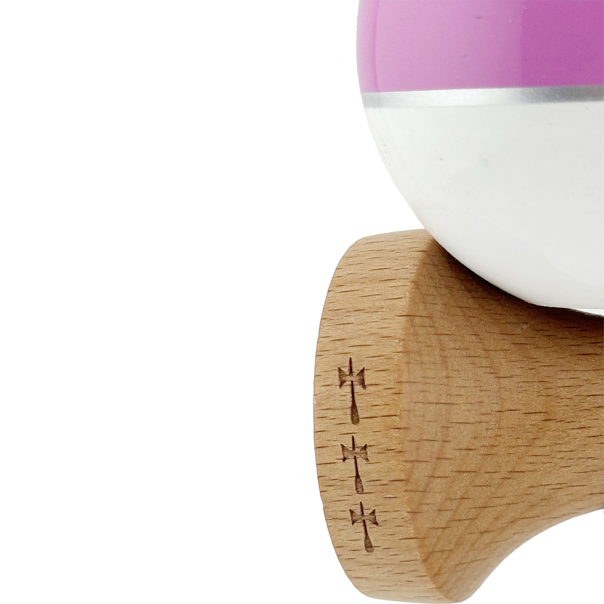 Kendama X ROYAL SPIKE Originala, Profesionala, Flippy, Big Cups V2, Super Sticky cu Cupe Mari, Rulment Metalic, din lemn 18 cm, Ata 55 cm, Negru/Roz Silver/Alb