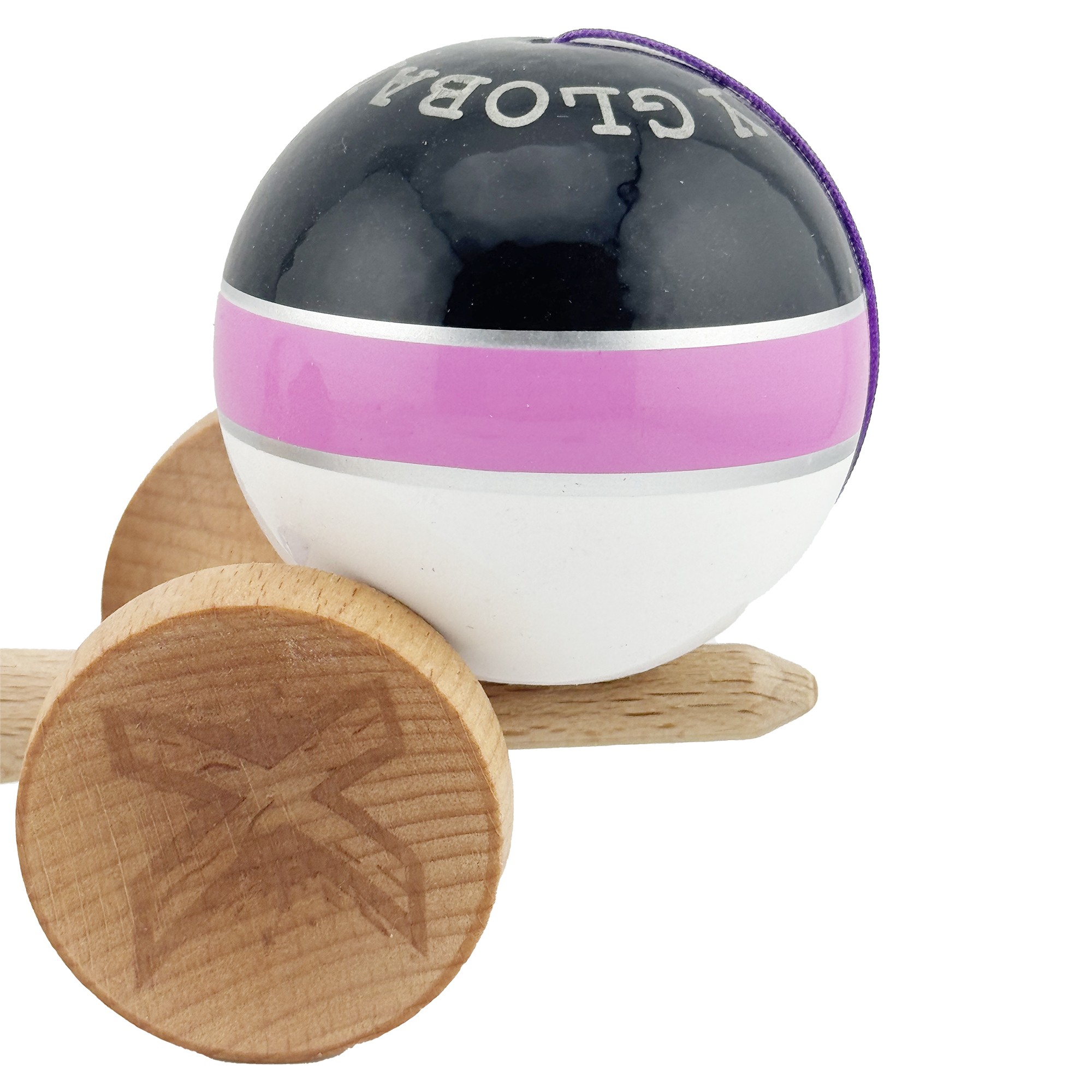 Kendama X ROYAL SPIKE Originala, Profesionala, Flippy, Big Cups V2, Super Sticky cu Cupe Mari, Rulment Metalic, din lemn 18 cm, Ata 55 cm, Negru/Roz Silver/Alb