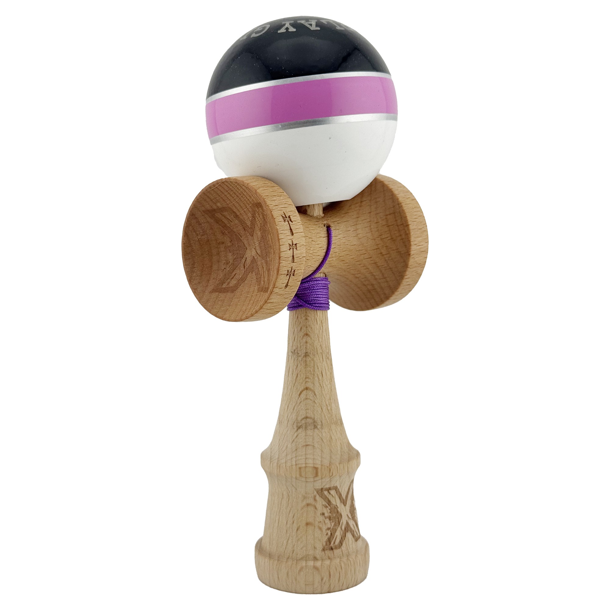 Kendama X ROYAL SPIKE Originala, Profesionala, Flippy, Big Cups V2, Super Sticky cu Cupe Mari, Rulment Metalic, din lemn 18 cm, Ata 55 cm, Negru/Roz Silver/Alb
