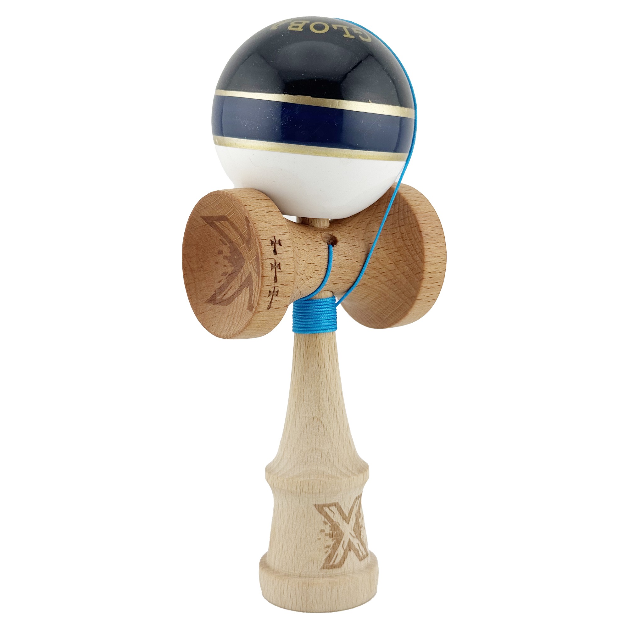 Kendama X ROYAL SPIKE Originala, Profesionala, Flippy, Big Cups V2, Super Sticky cu Cupe Mari, Rulment Metalic, din lemn 18 cm, Ata 55 cm, Negru/Dark Blue Gold/Alb