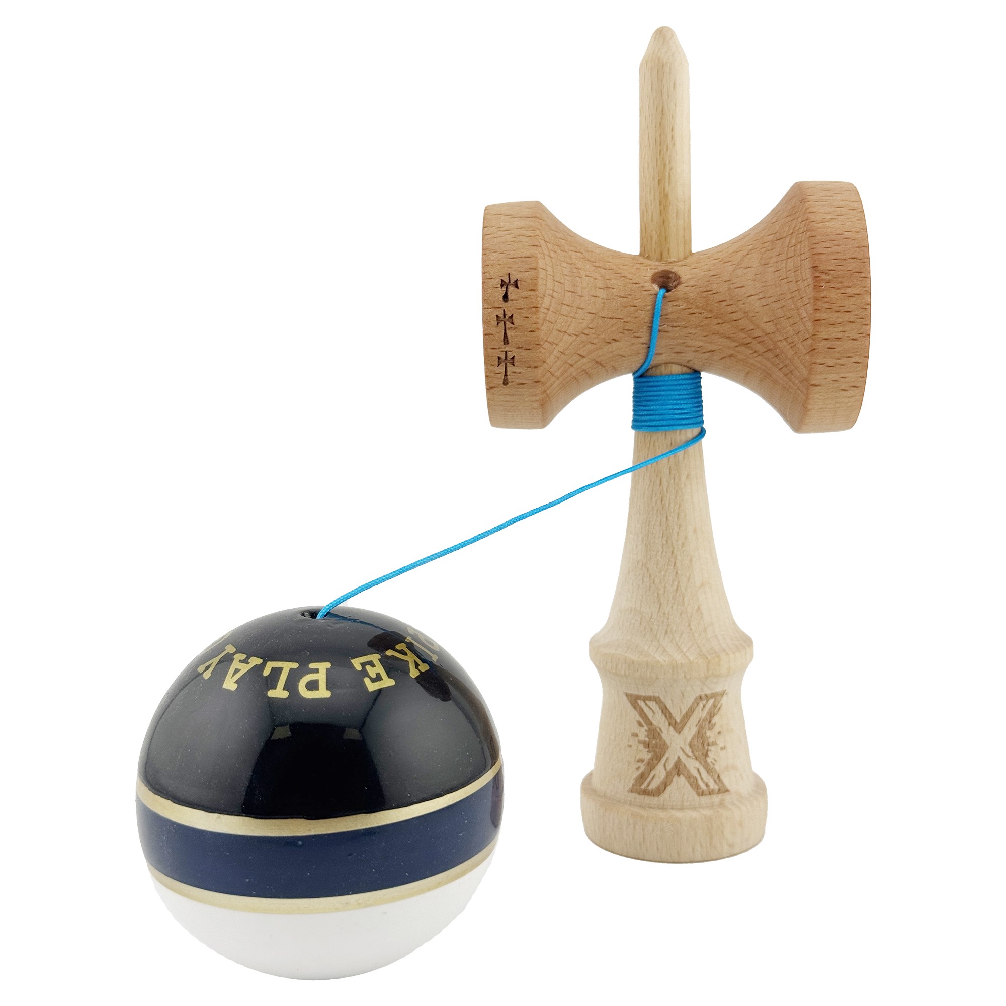 Kendama X ROYAL SPIKE Originala, Profesionala, Flippy, Big Cups V2, Super Sticky cu Cupe Mari, Rulment Metalic, din lemn 18 cm, Ata 55 cm, Negru/Dark Blue Gold/Alb