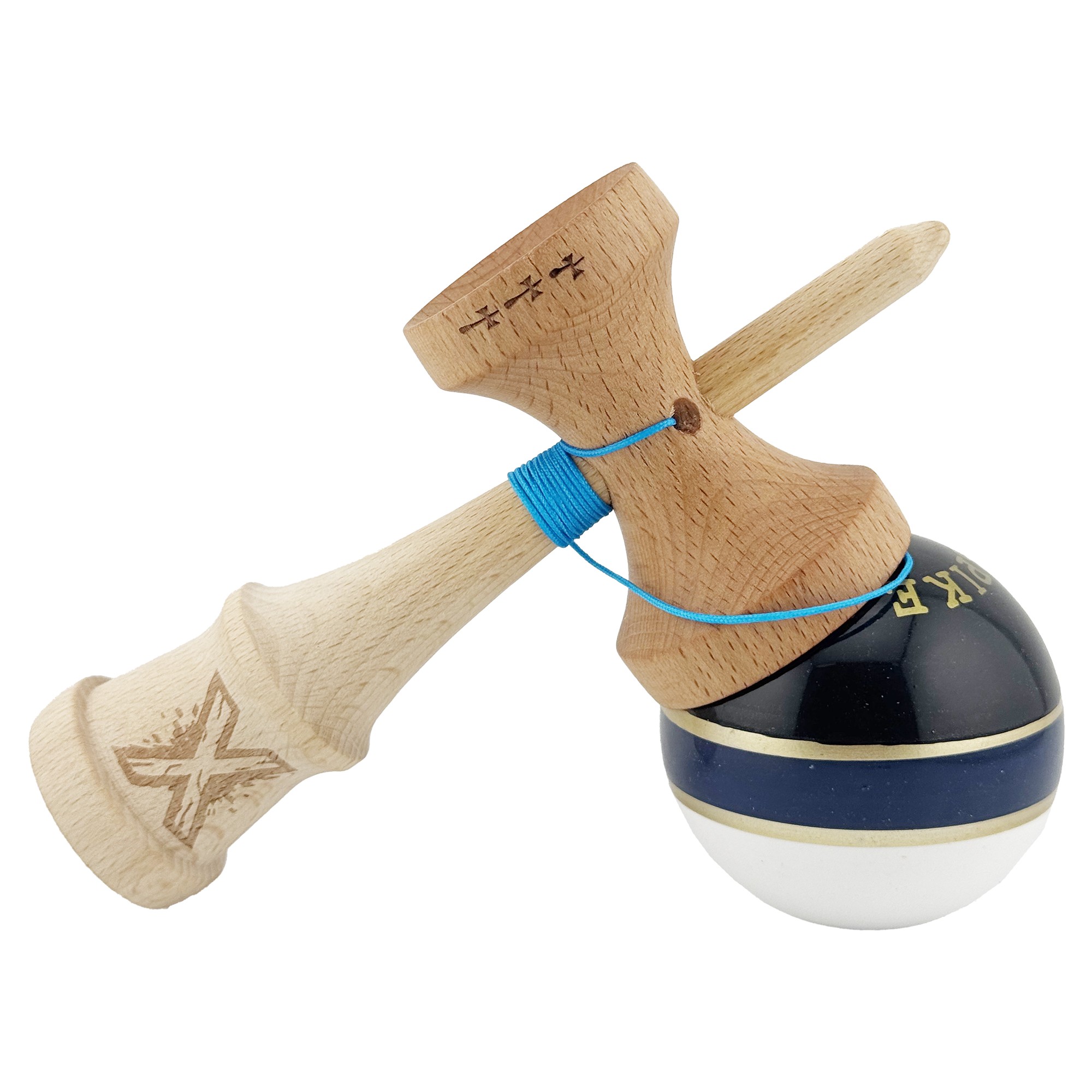 Kendama X ROYAL SPIKE Originala, Profesionala, Flippy, Big Cups V2, Super Sticky cu Cupe Mari, Rulment Metalic, din lemn 18 cm, Ata 55 cm, Negru/Dark Blue Gold/Alb