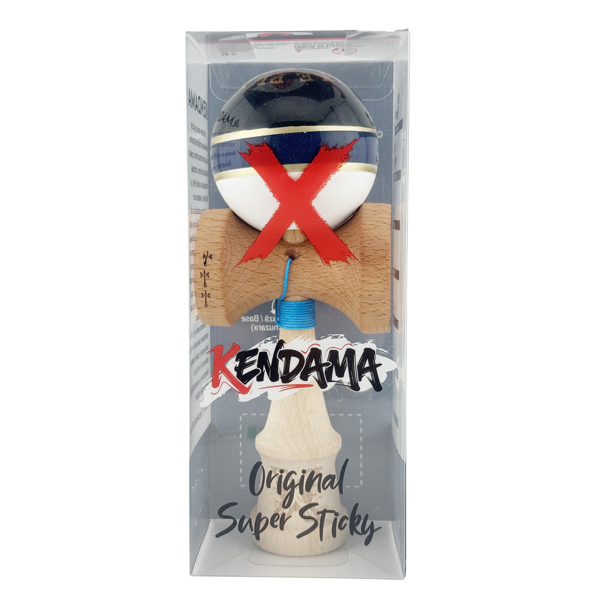 Kendama X ROYAL SPIKE Originala, Profesionala, Flippy, Big Cups V2, Super Sticky cu Cupe Mari, Rulment Metalic, din lemn 18 cm, Ata 55 cm, Negru/Dark Blue Gold/Alb