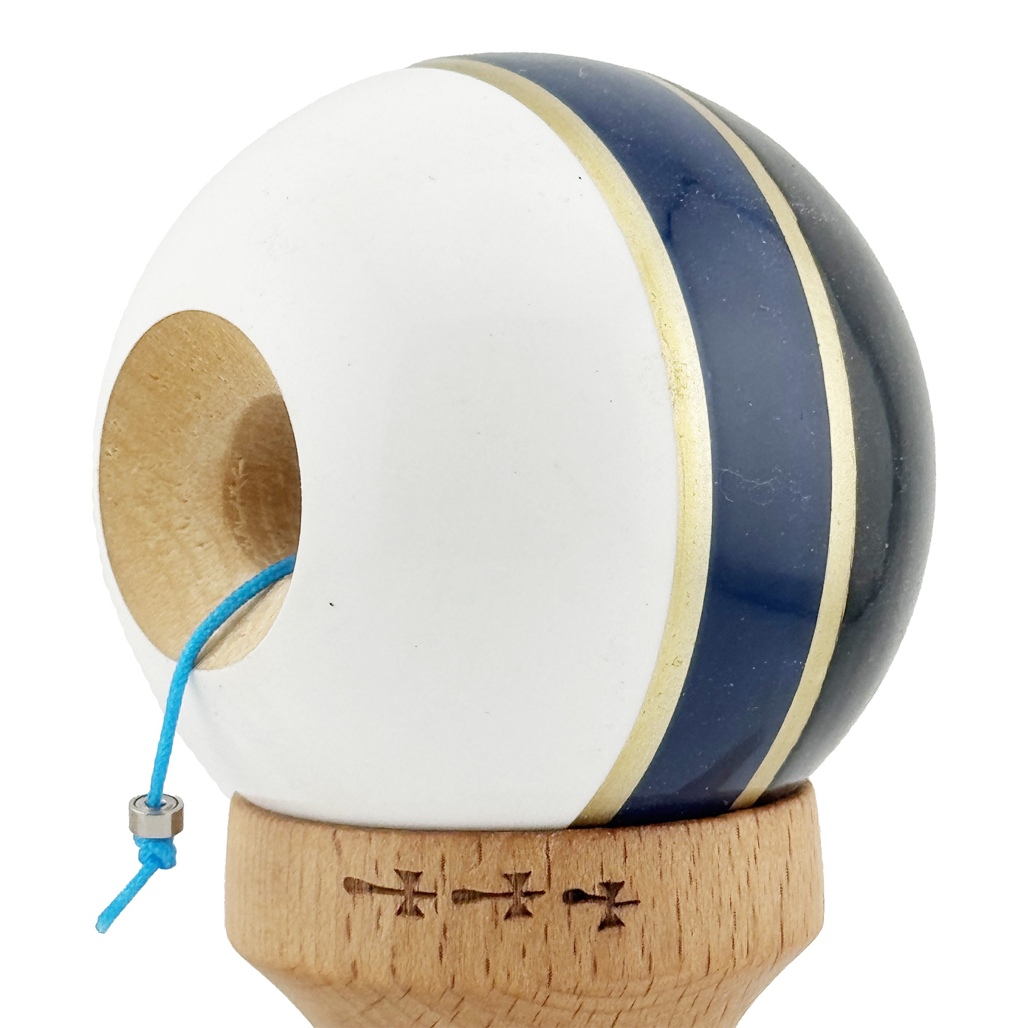 Kendama X ROYAL SPIKE Originala, Profesionala, Flippy, Big Cups V2, Super Sticky cu Cupe Mari, Rulment Metalic, din lemn 18 cm, Ata 55 cm, Negru/Dark Blue Gold/Alb