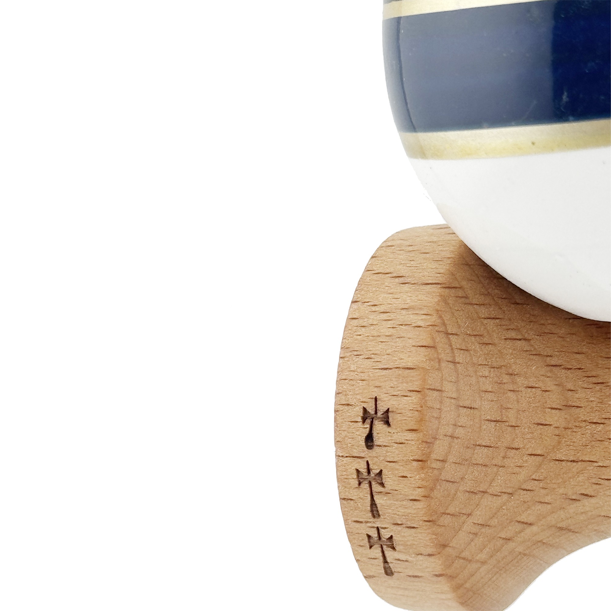 Kendama X ROYAL SPIKE Originala, Profesionala, Flippy, Big Cups V2, Super Sticky cu Cupe Mari, Rulment Metalic, din lemn 18 cm, Ata 55 cm, Negru/Dark Blue Gold/Alb