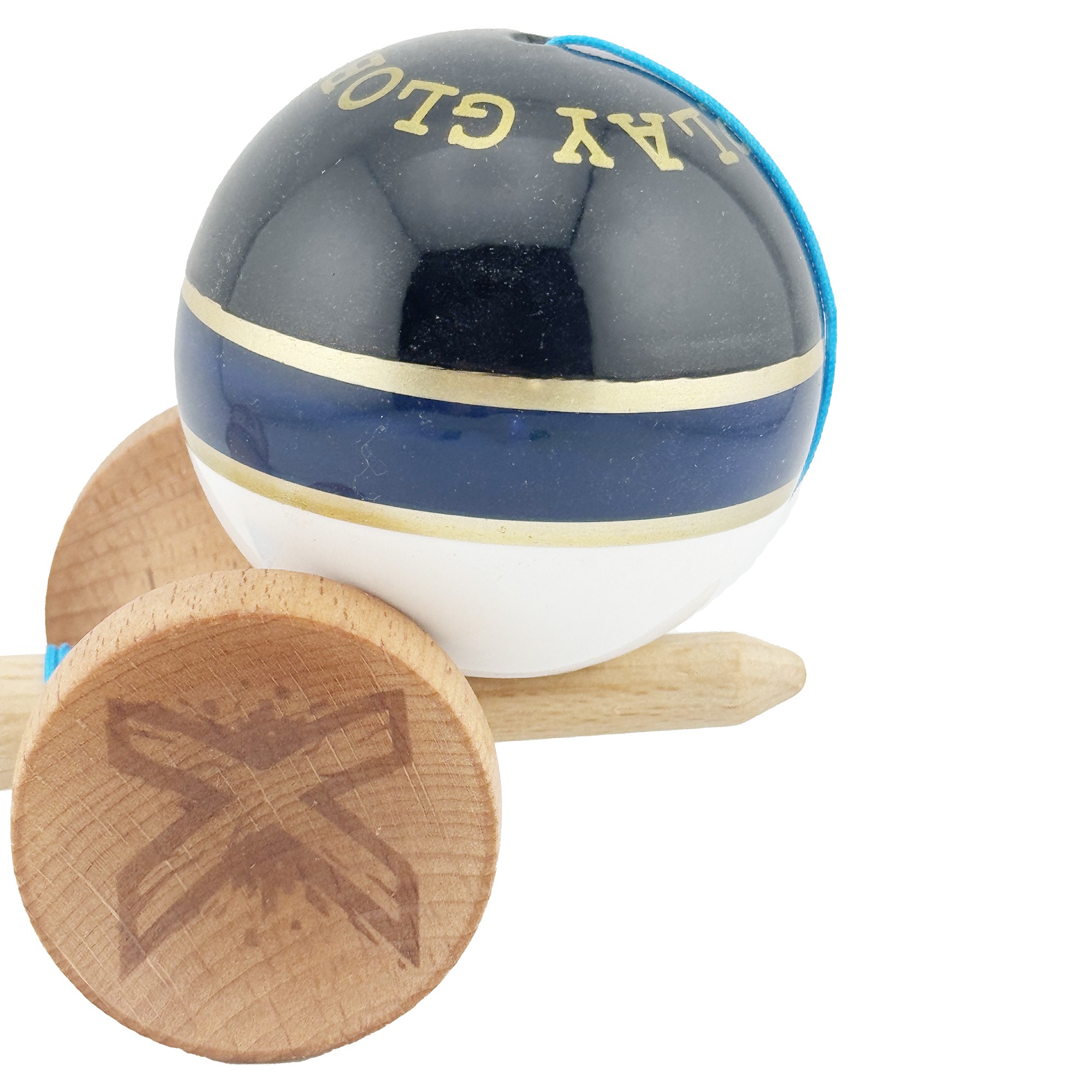 Kendama X ROYAL SPIKE Originala, Profesionala, Flippy, Big Cups V2, Super Sticky cu Cupe Mari, Rulment Metalic, din lemn 18 cm, Ata 55 cm, Negru/Dark Blue Gold/Alb