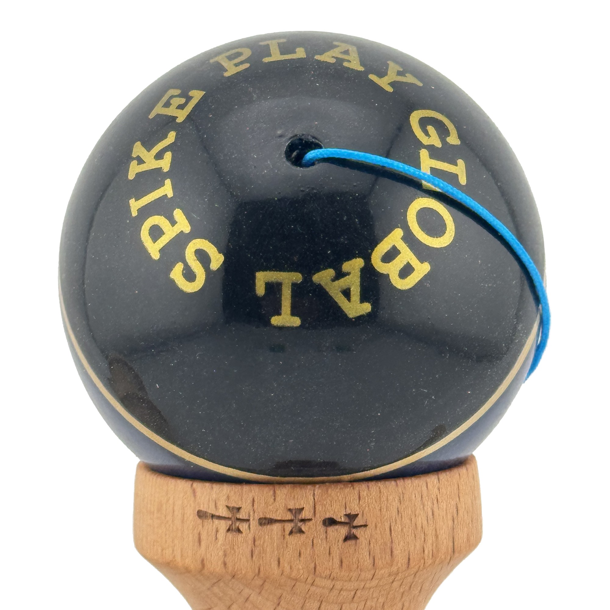 Kendama X ROYAL SPIKE Originala, Profesionala, Flippy, Big Cups V2, Super Sticky cu Cupe Mari, Rulment Metalic, din lemn 18 cm, Ata 55 cm, Negru/Dark Blue Gold/Alb