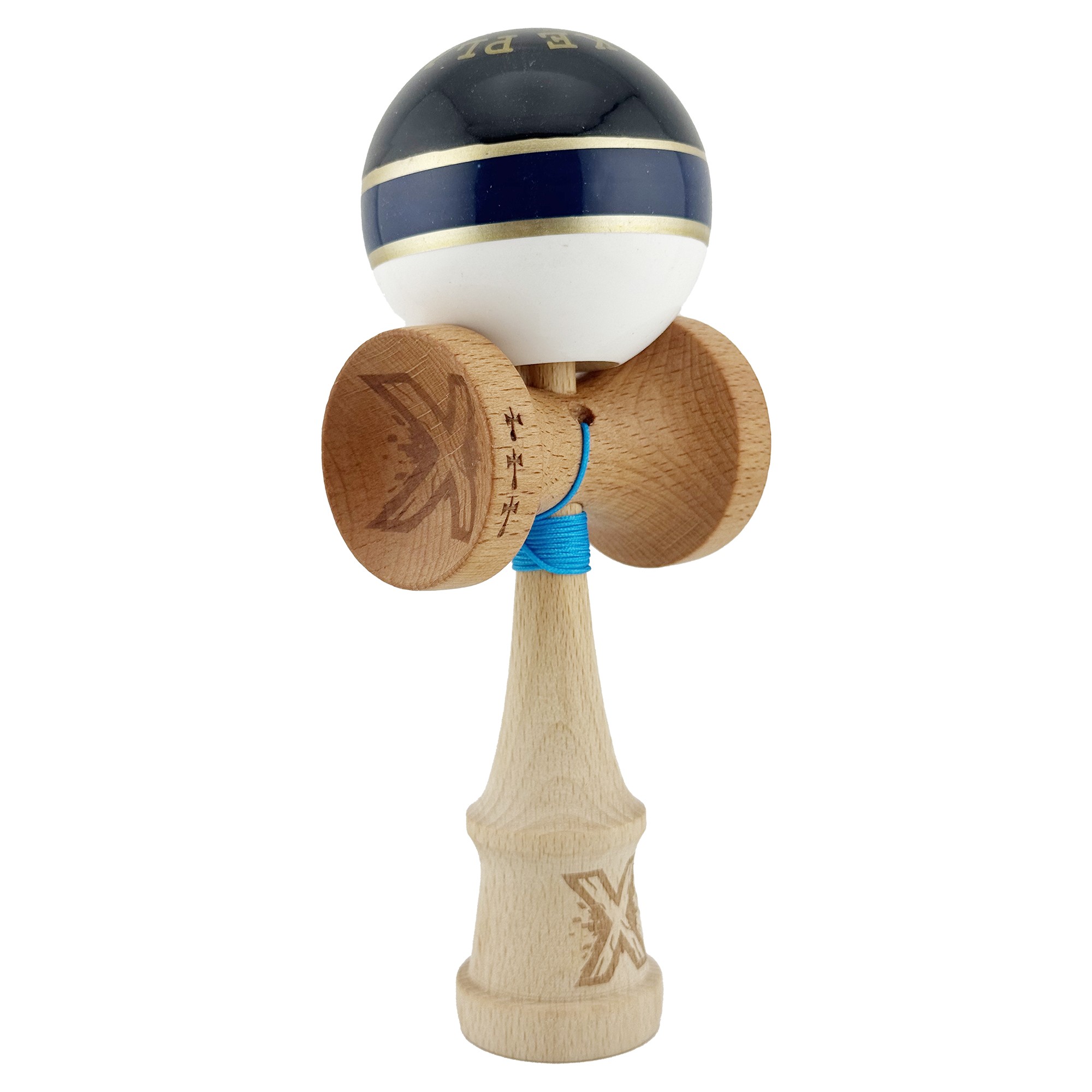 Kendama X ROYAL SPIKE Originala, Profesionala, Flippy, Big Cups V2, Super Sticky cu Cupe Mari, Rulment Metalic, din lemn 18 cm, Ata 55 cm, Negru/Dark Blue Gold/Alb