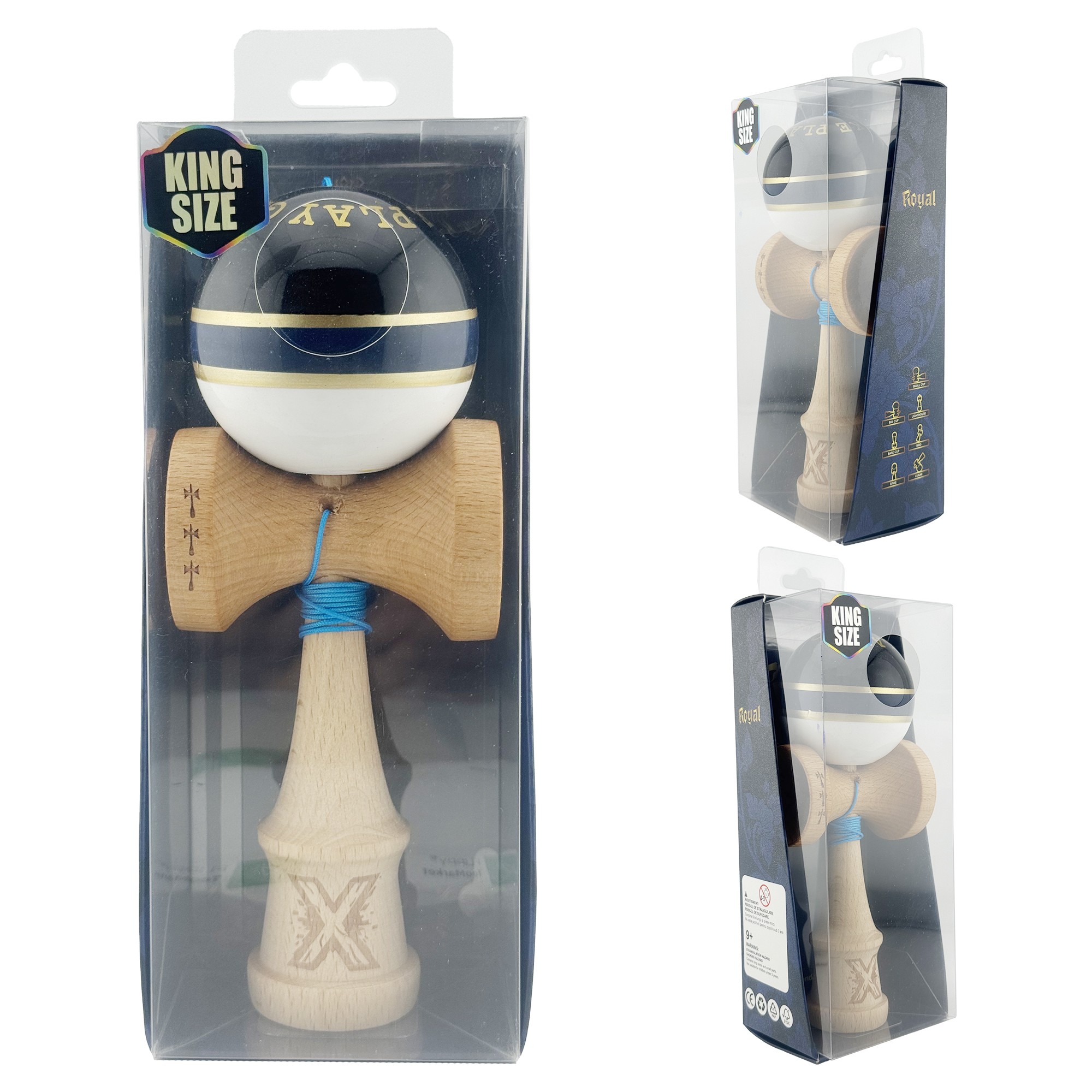 Kendama X ROYAL SPIKE Originala, Profesionala, Flippy, Big Cups V2, Super Sticky cu Cupe Mari, Rulment Metalic, din lemn 18 cm, Ata 55 cm, Negru/Dark Blue Gold/Alb