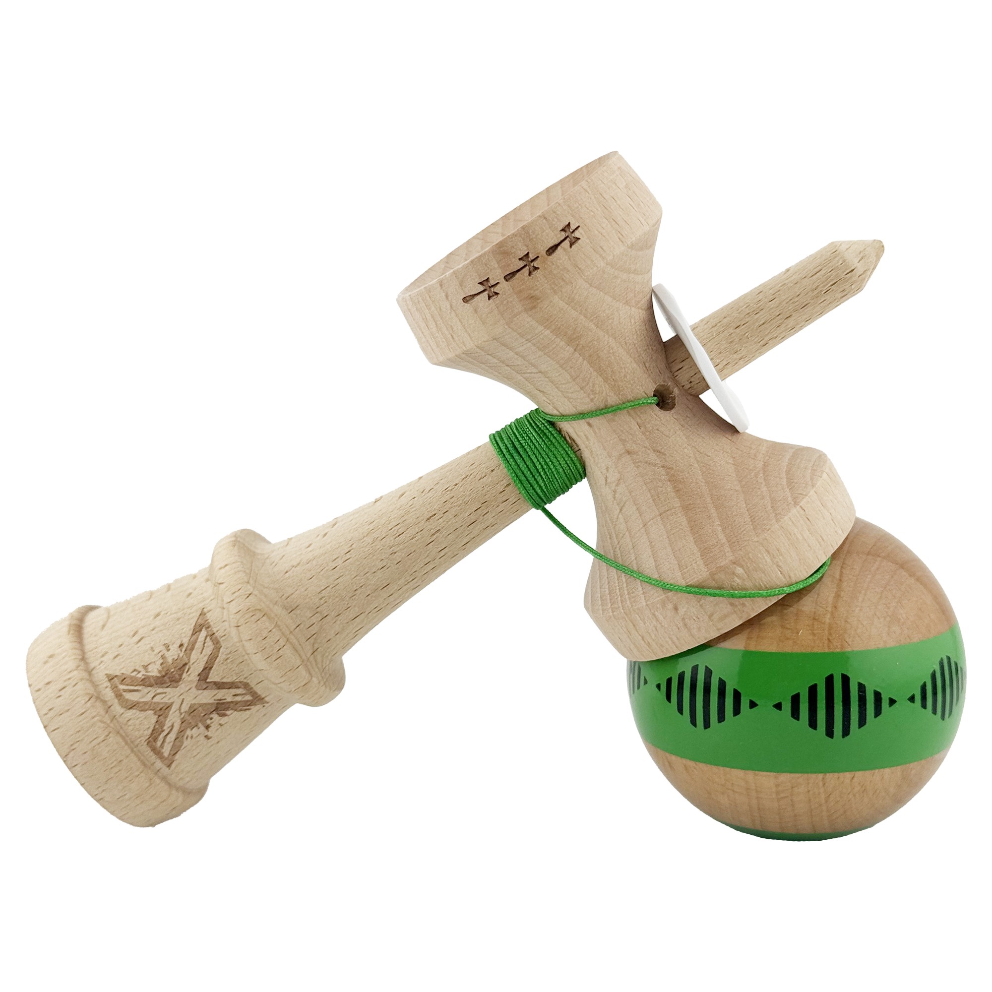 Kendama X Originala FREQUENCY, Profesionala, Flippy, Cupe Mari KING SIZE V3, Super Sticky, Gaura in Baza, Rulment Metalic, din lemn 18 cm, Ata 55 cm, Verde/Maro