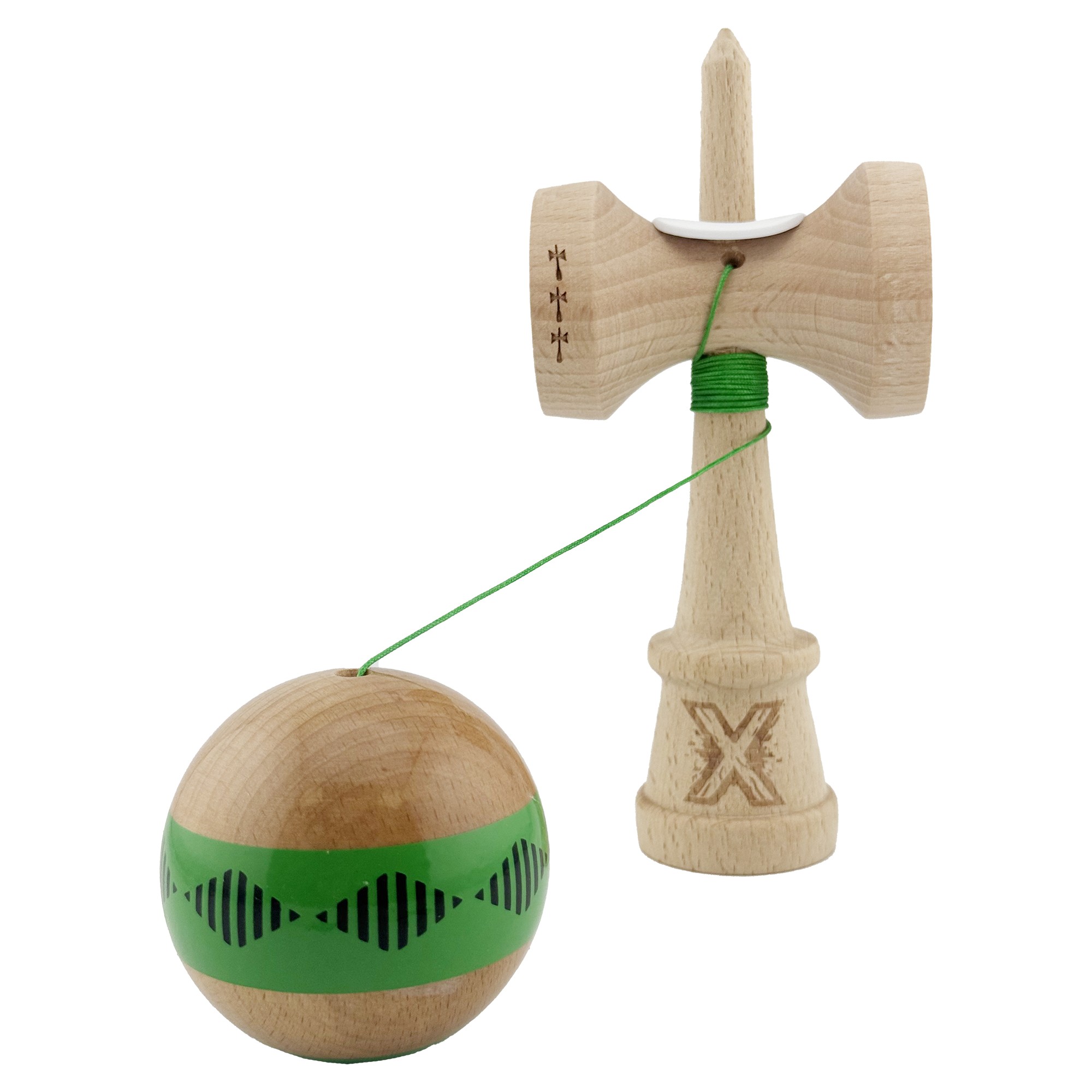 Kendama X Originala FREQUENCY, Profesionala, Flippy, Cupe Mari KING SIZE V3, Super Sticky, Gaura in Baza, Rulment Metalic, din lemn 18 cm, Ata 55 cm, Verde/Maro